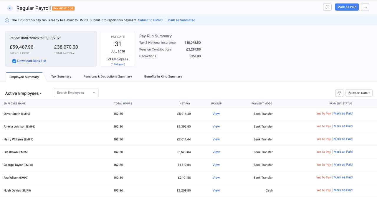 Payment due pay run with FPS ready to submit to HMRC