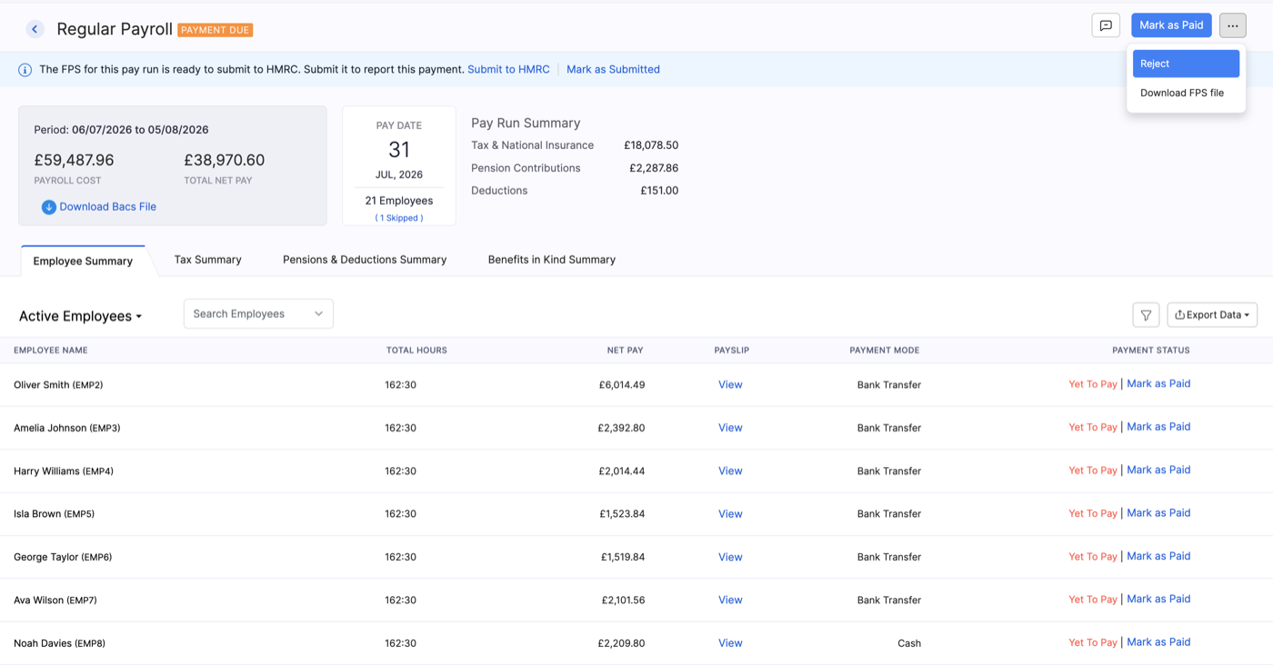 More menu with Download FPS file on a payment due pay run