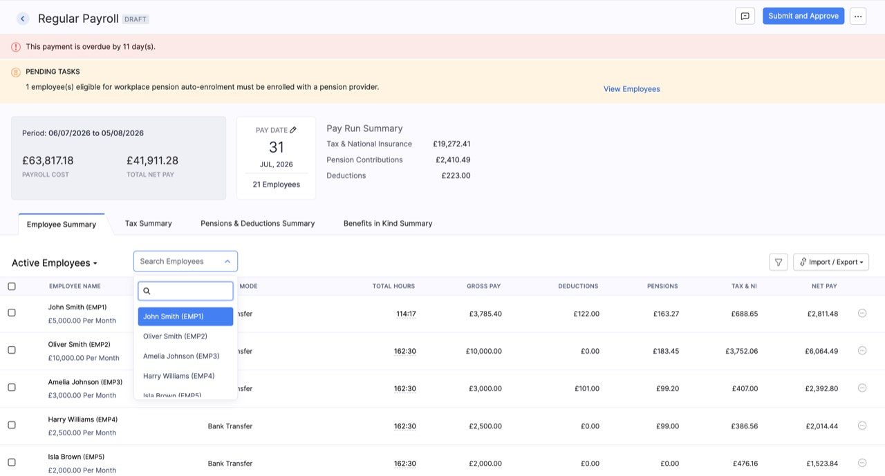 Search employees in a regular pay run
