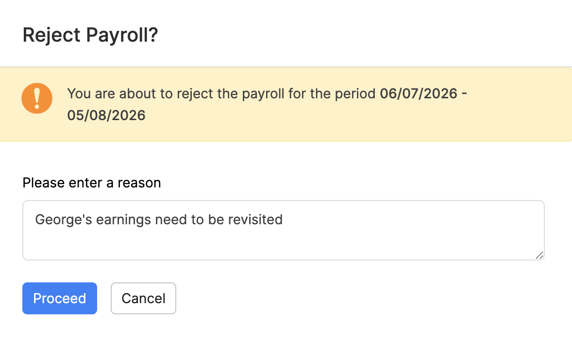 Reject a payroll with a reason
