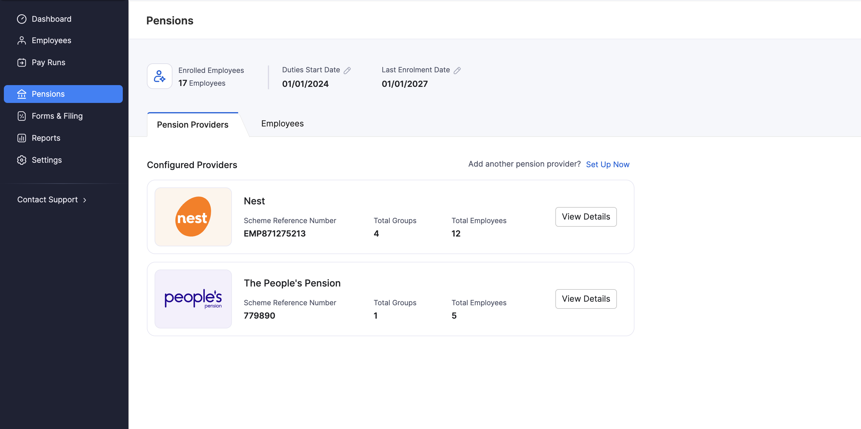 Configured pension providers on the Pensions page