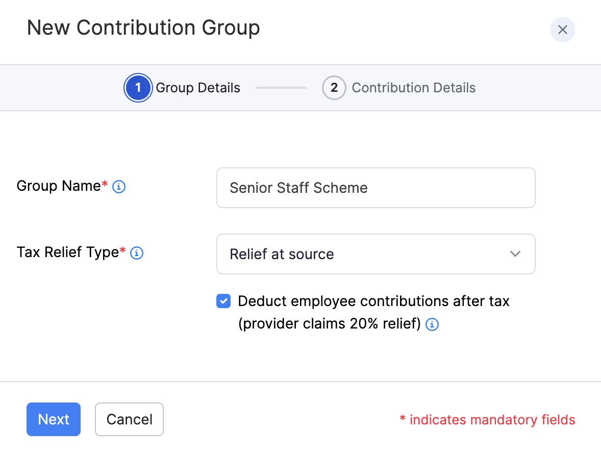 Group details for a new contribution group