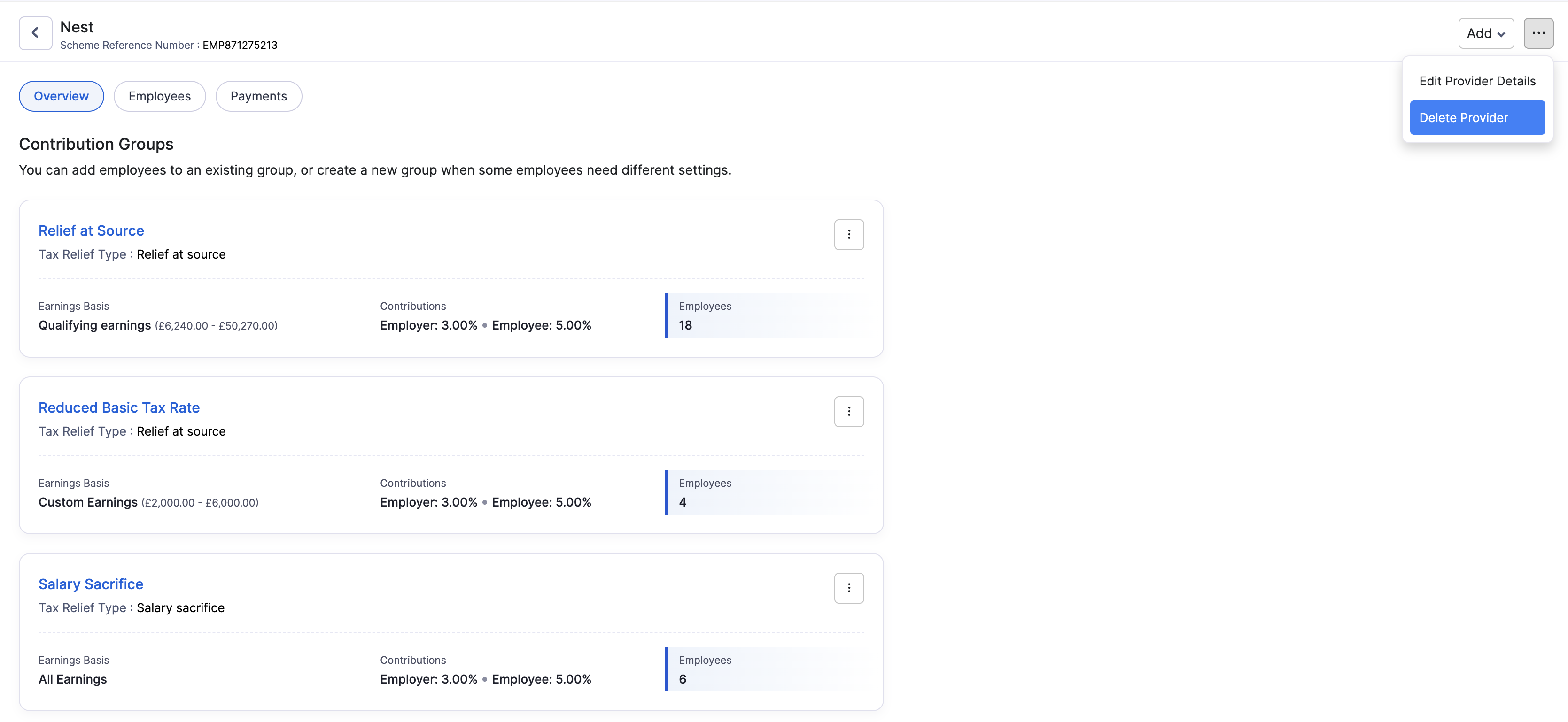 Delete Provider option on a pension provider