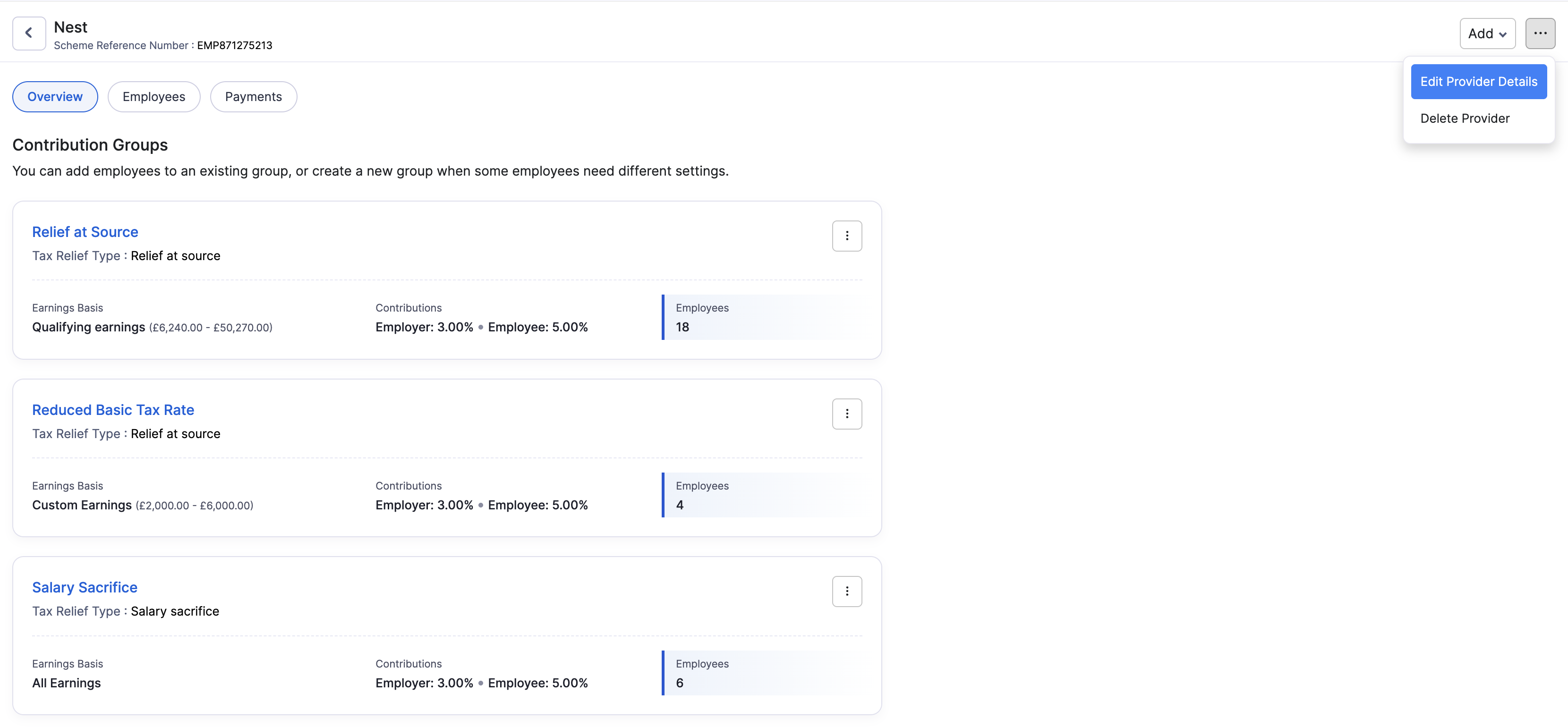 Edit Provider Details option on a pension provider