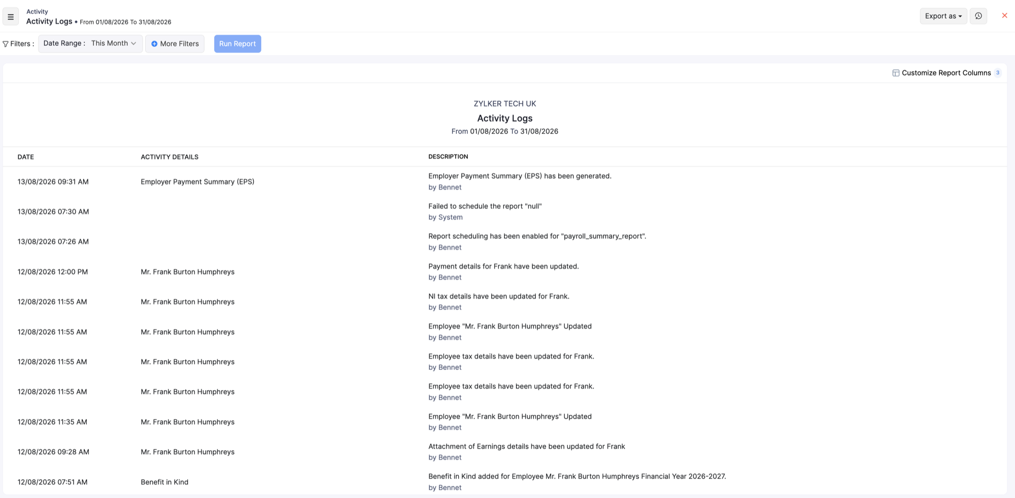 Activity Logs report with date, activity details, and description