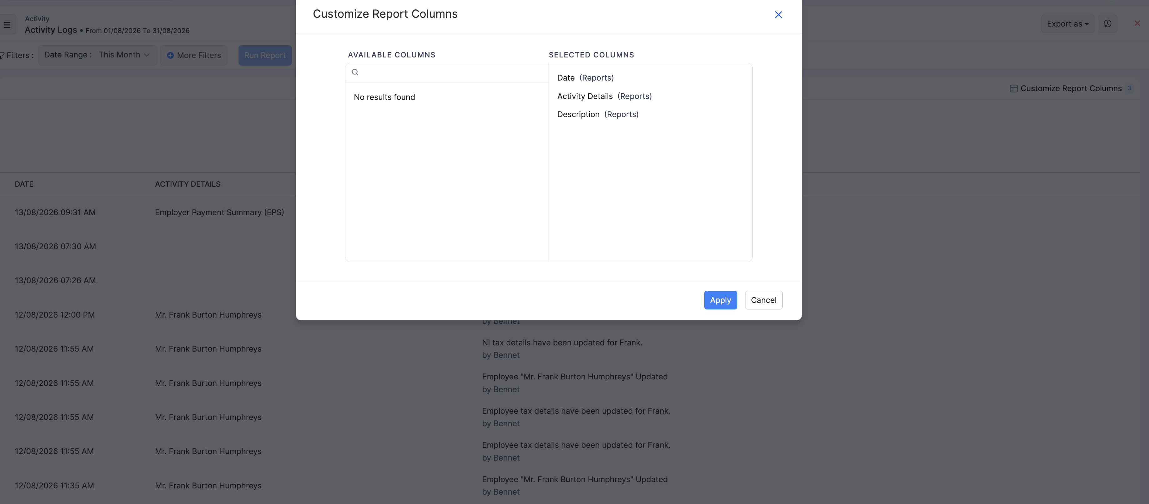 Customize Report Columns for Activity Logs