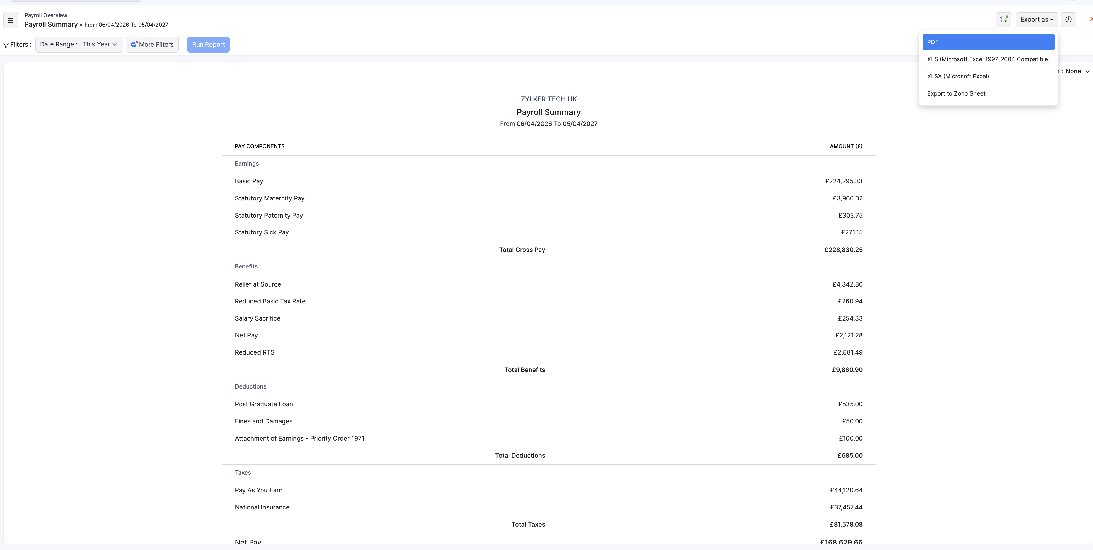 Export as menu on a report