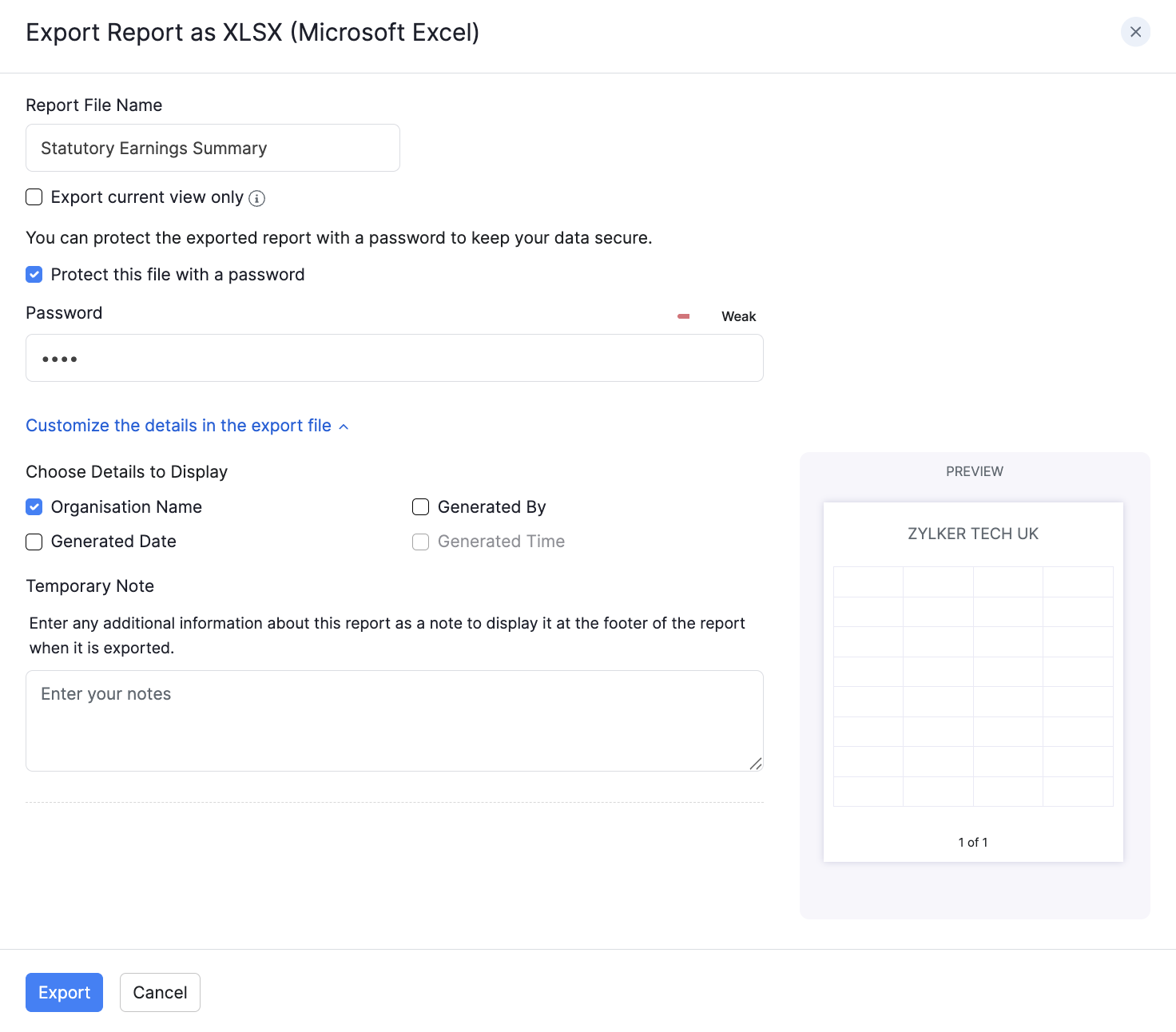 Export report as XLSX with password option