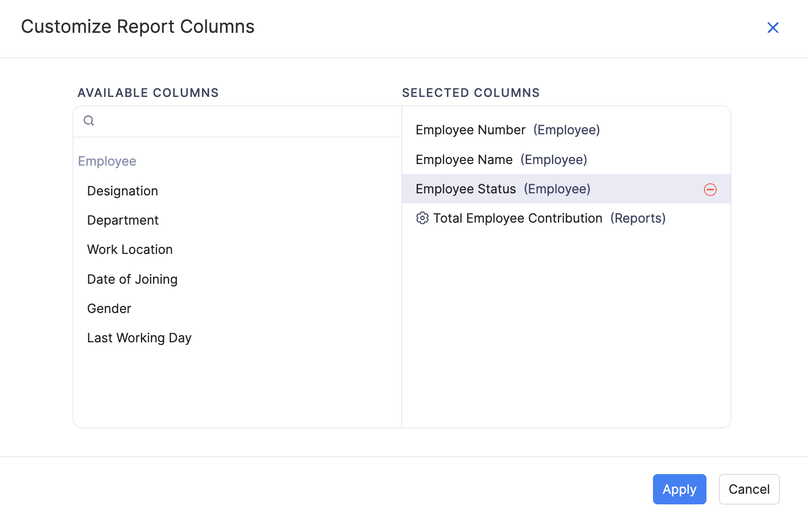 Customize Report Columns for Employee Deductions Summary
