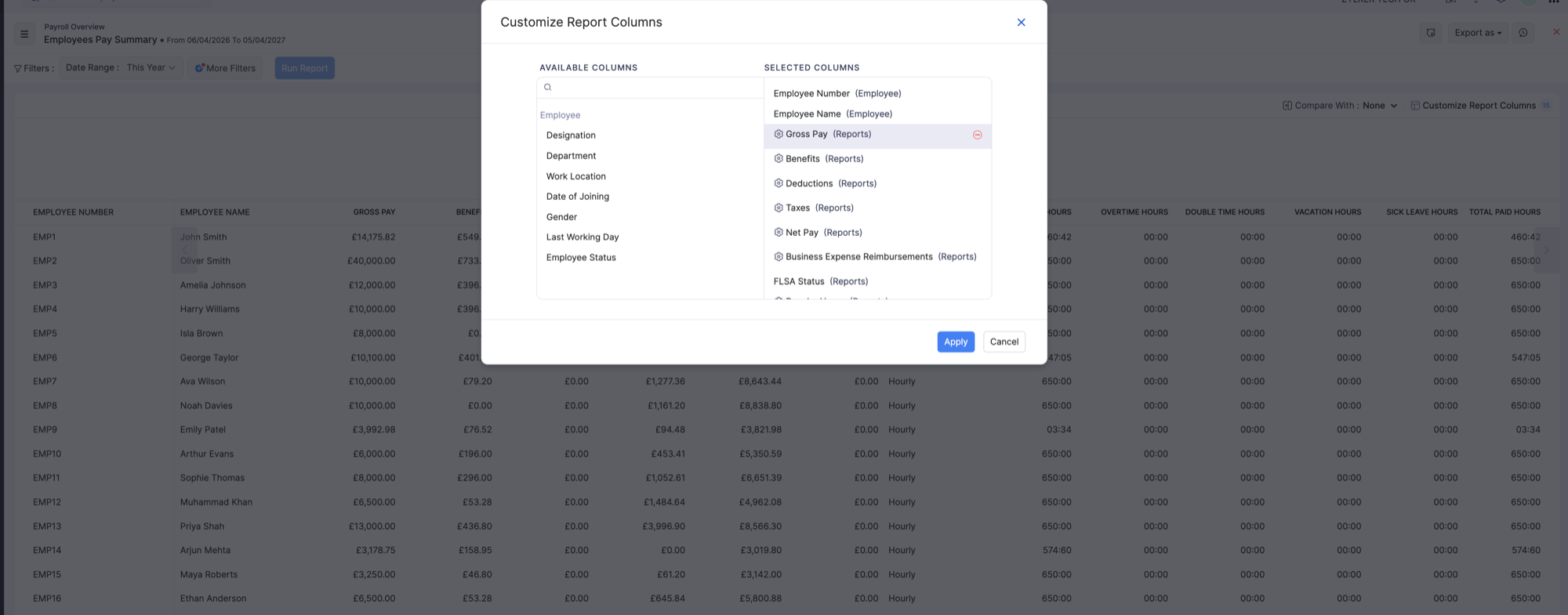 Customize Report Columns for Employees Pay Summary
