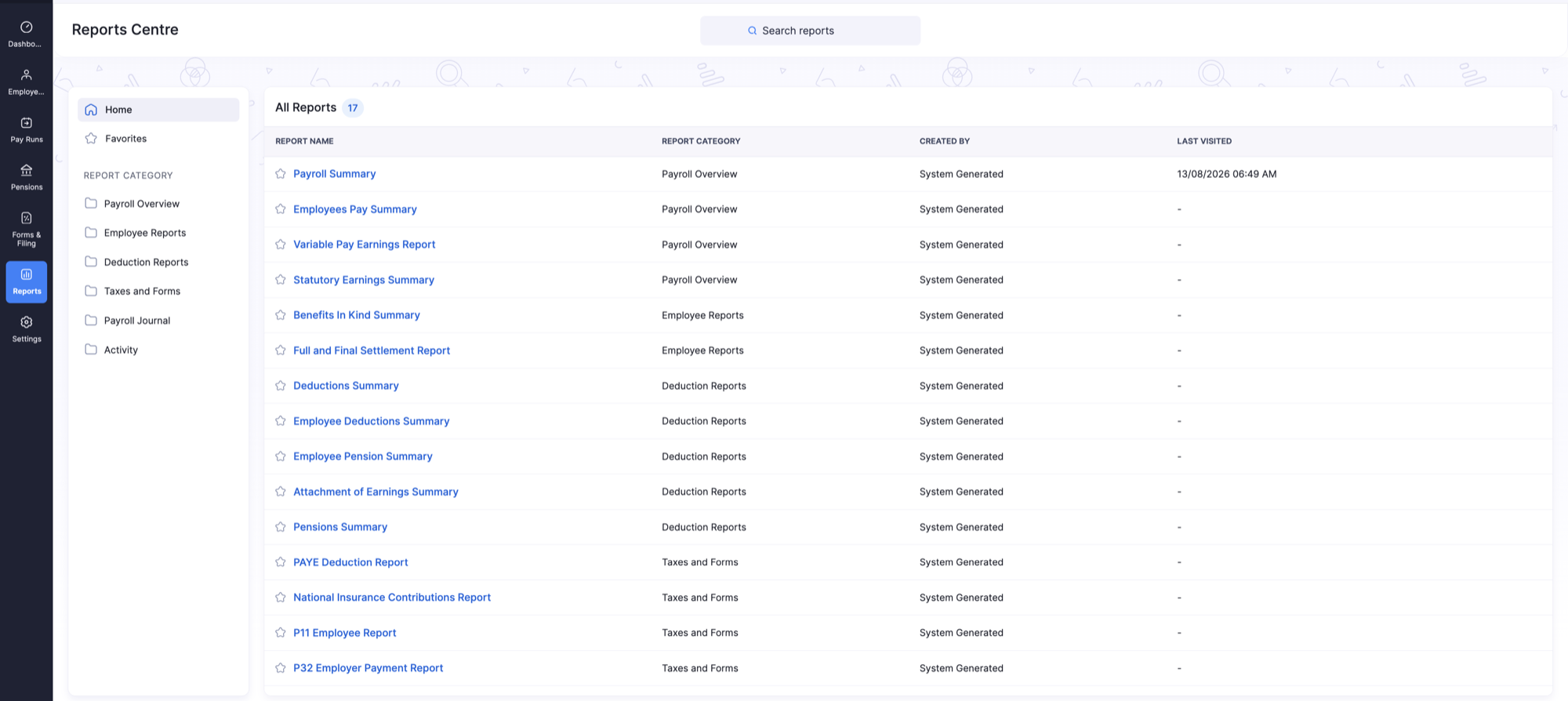 Reports Centre showing All Reports for UK payroll