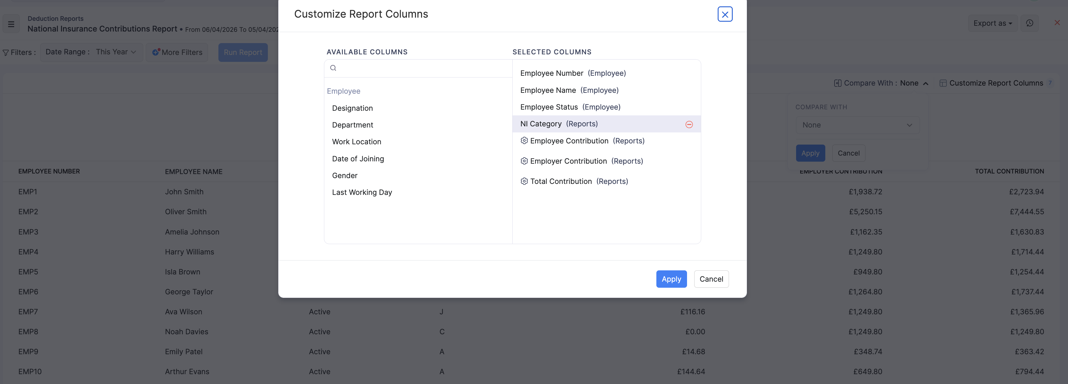 Customize Report Columns for National Insurance Contributions Report