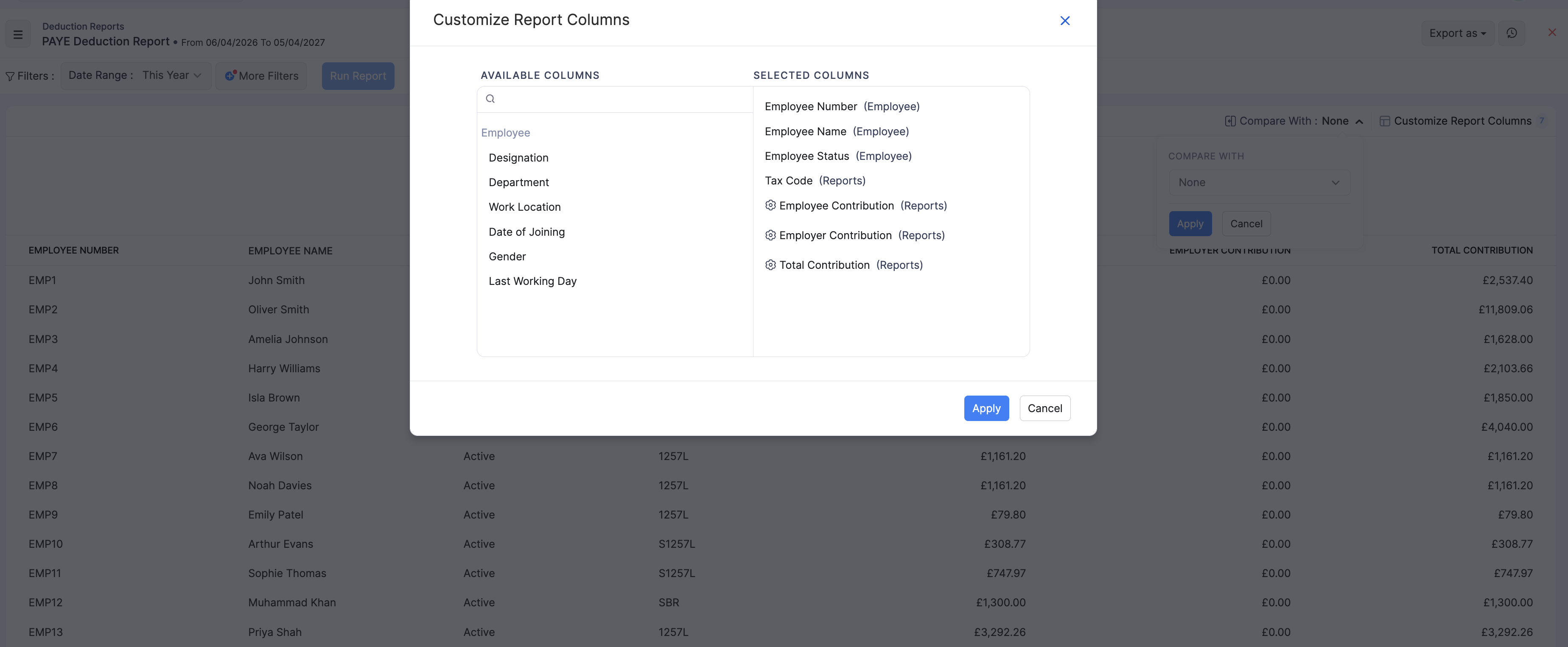 Customize Report Columns for PAYE Deduction Report