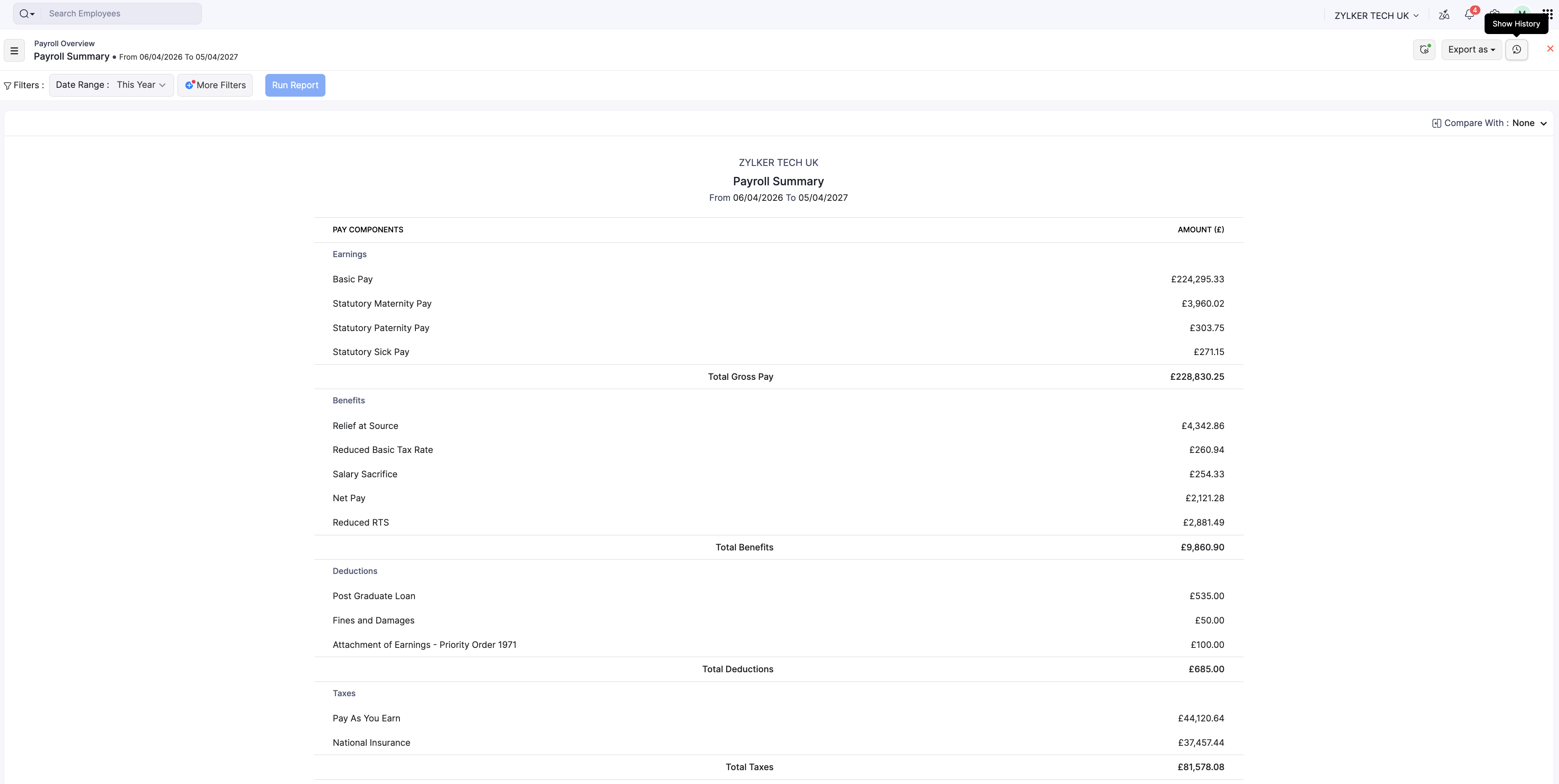 Payroll Summary report with UK earnings, benefits, deductions, and taxes