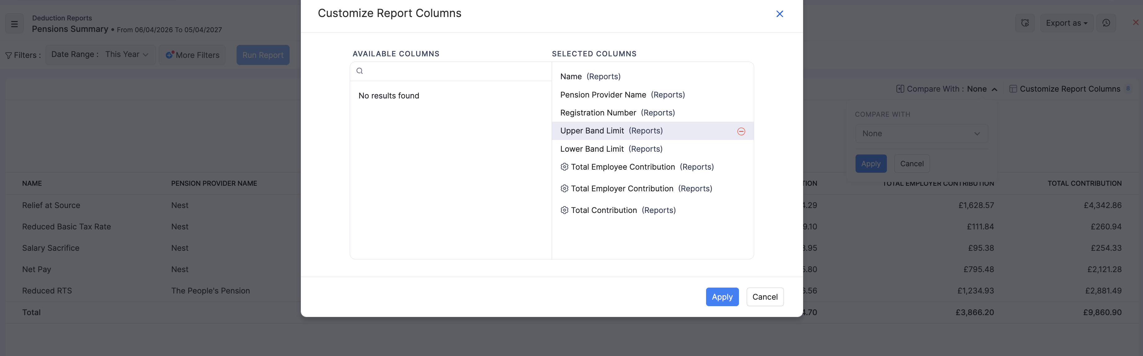Customize Report Columns for Pensions Summary