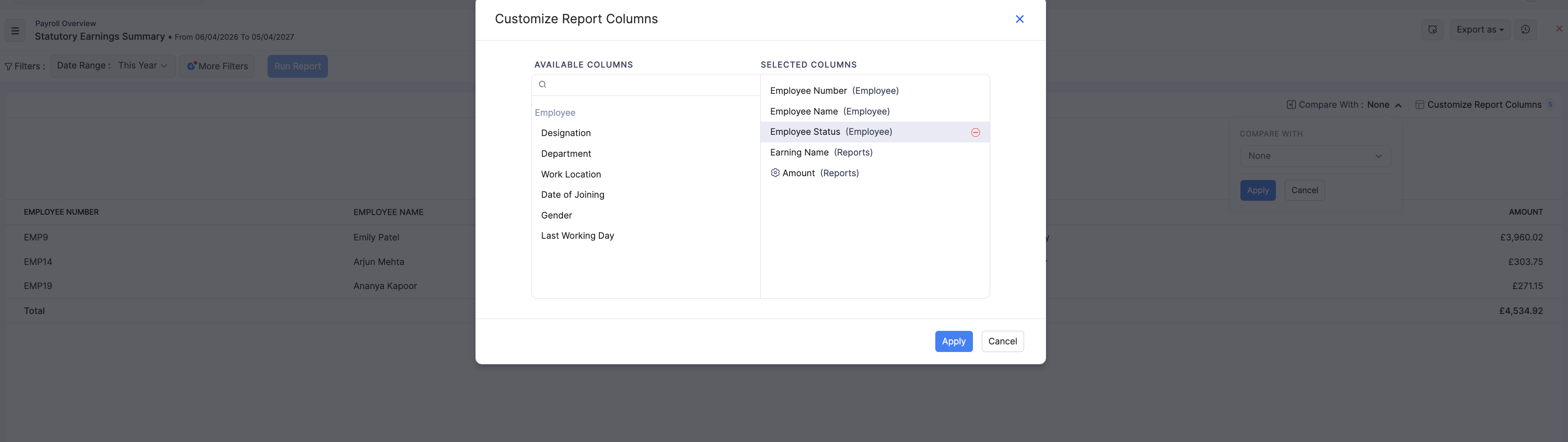 Customize Report Columns for Statutory Earnings Summary