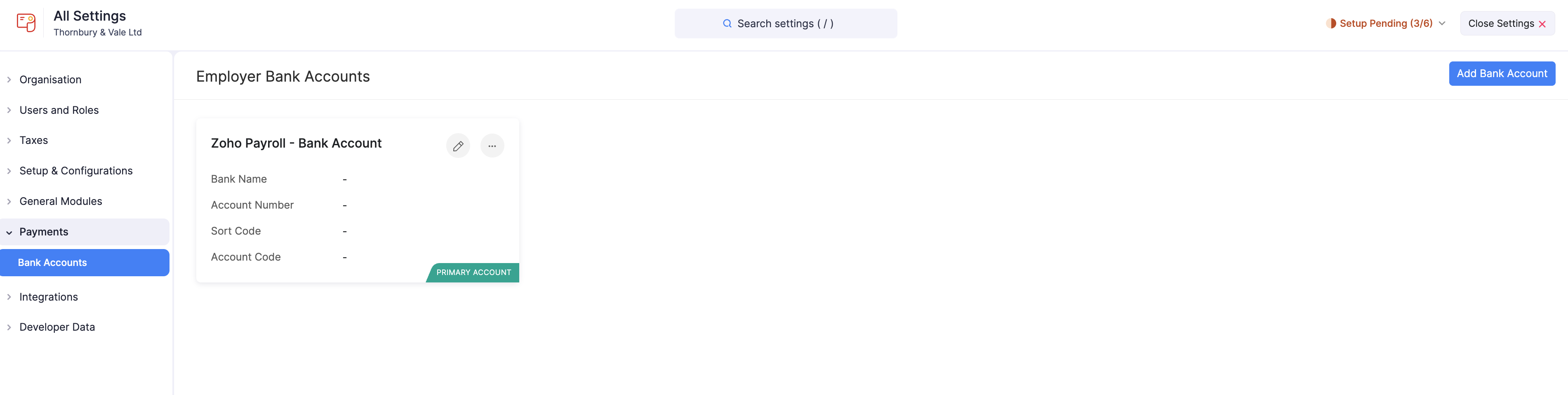 Employer Bank Accounts page in Zoho Payroll