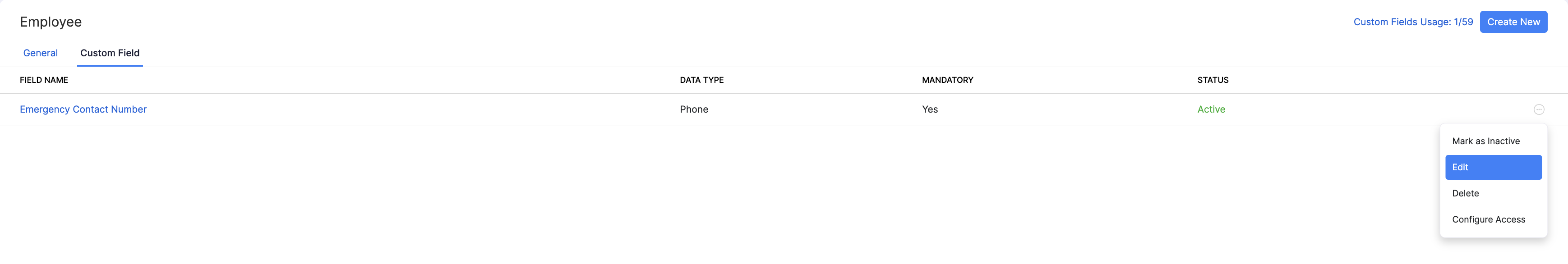 Custom fields list in Employee Preferences