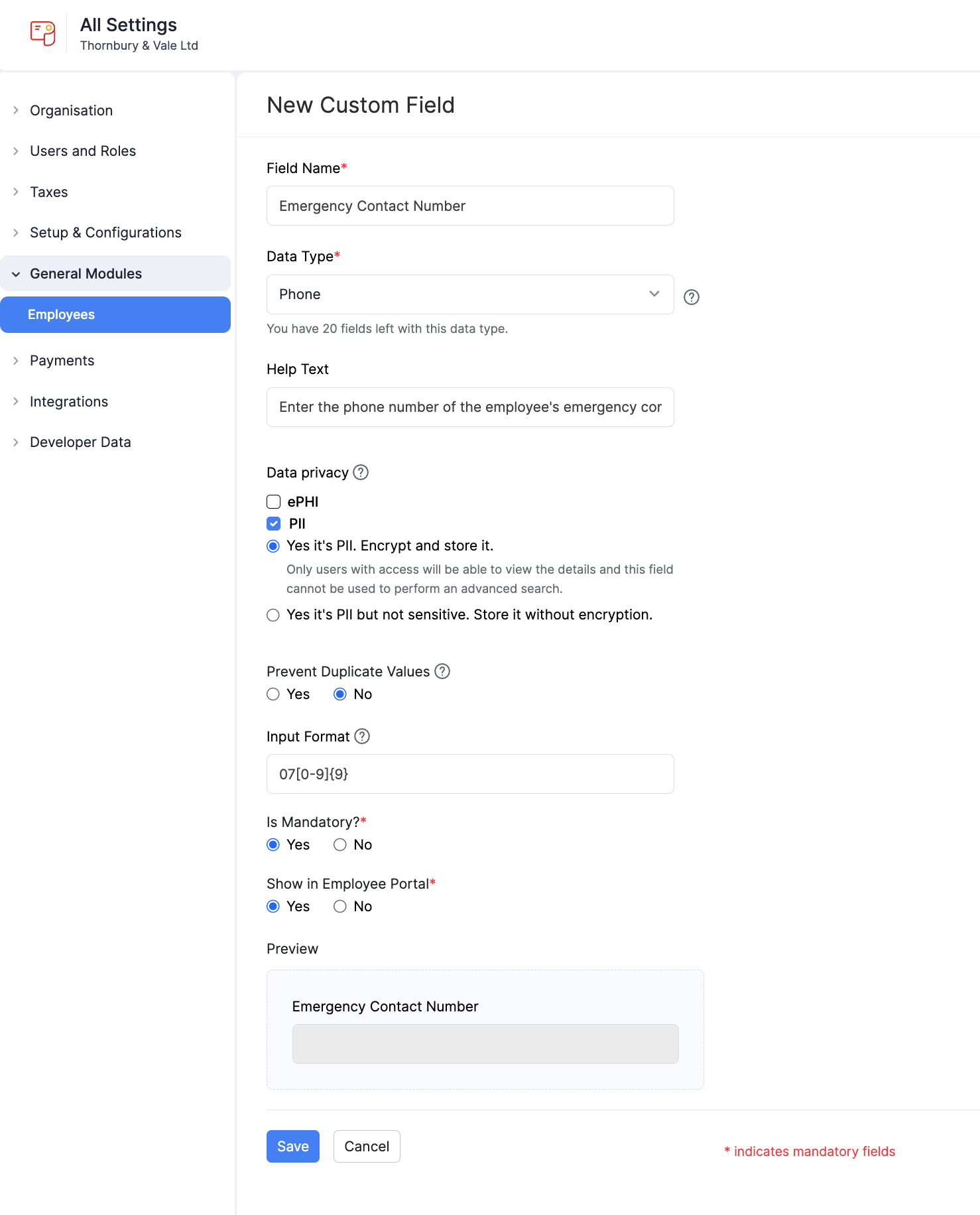 Create a new custom field for employees in Zoho Payroll