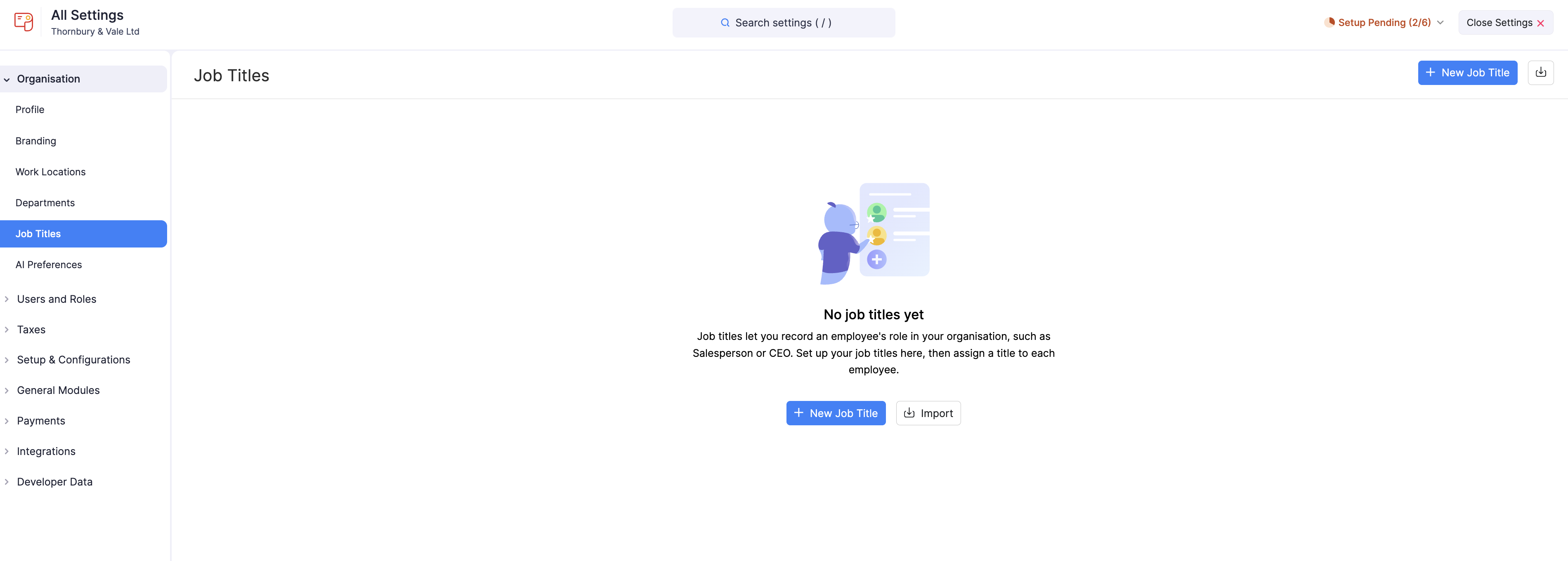 The Job Titles page in Zoho Payroll