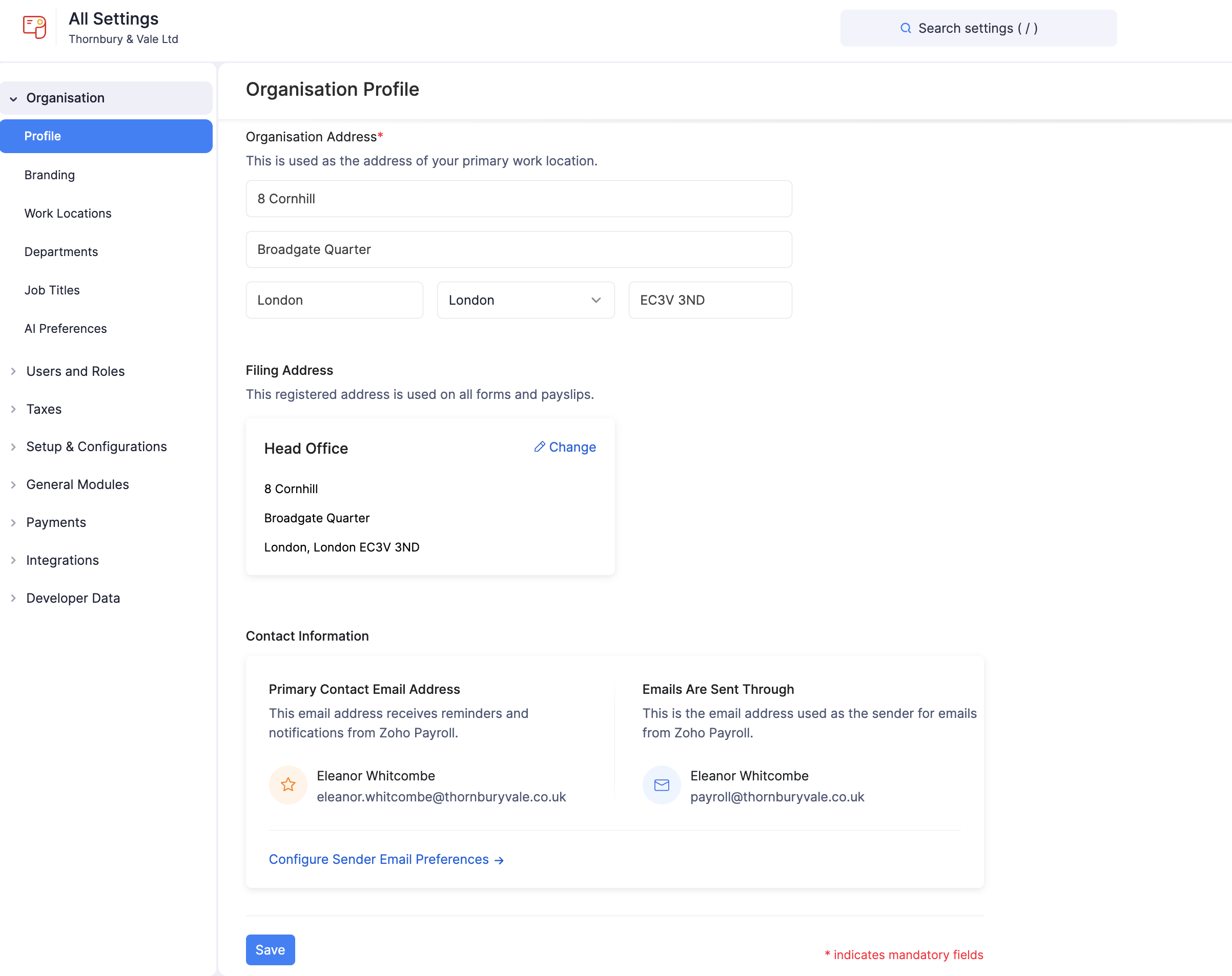 Organisation address, filing address, and contact details on the Organisation Profile page in Zoho Payroll