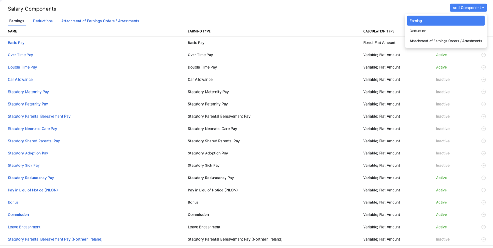 Add Component dropdown on the Salary Components page