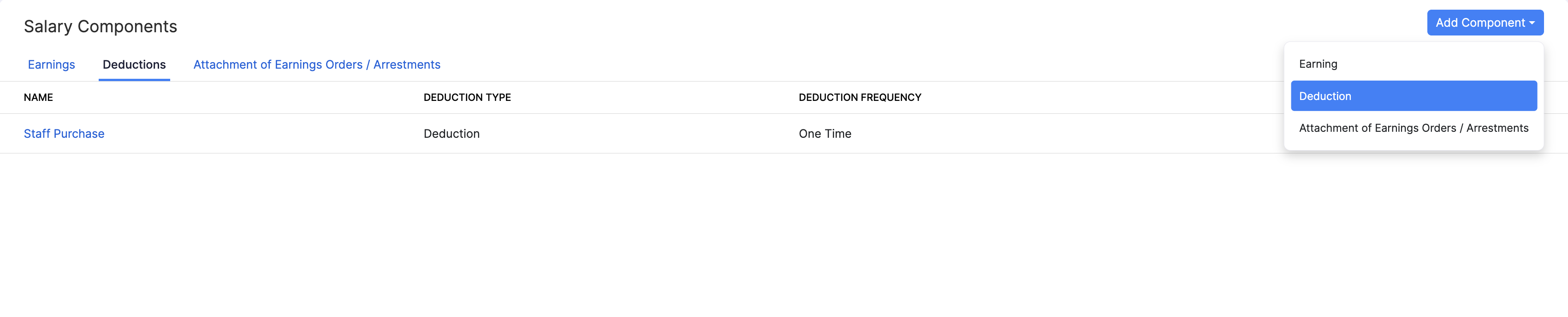 Add a deduction from the Add Component dropdown