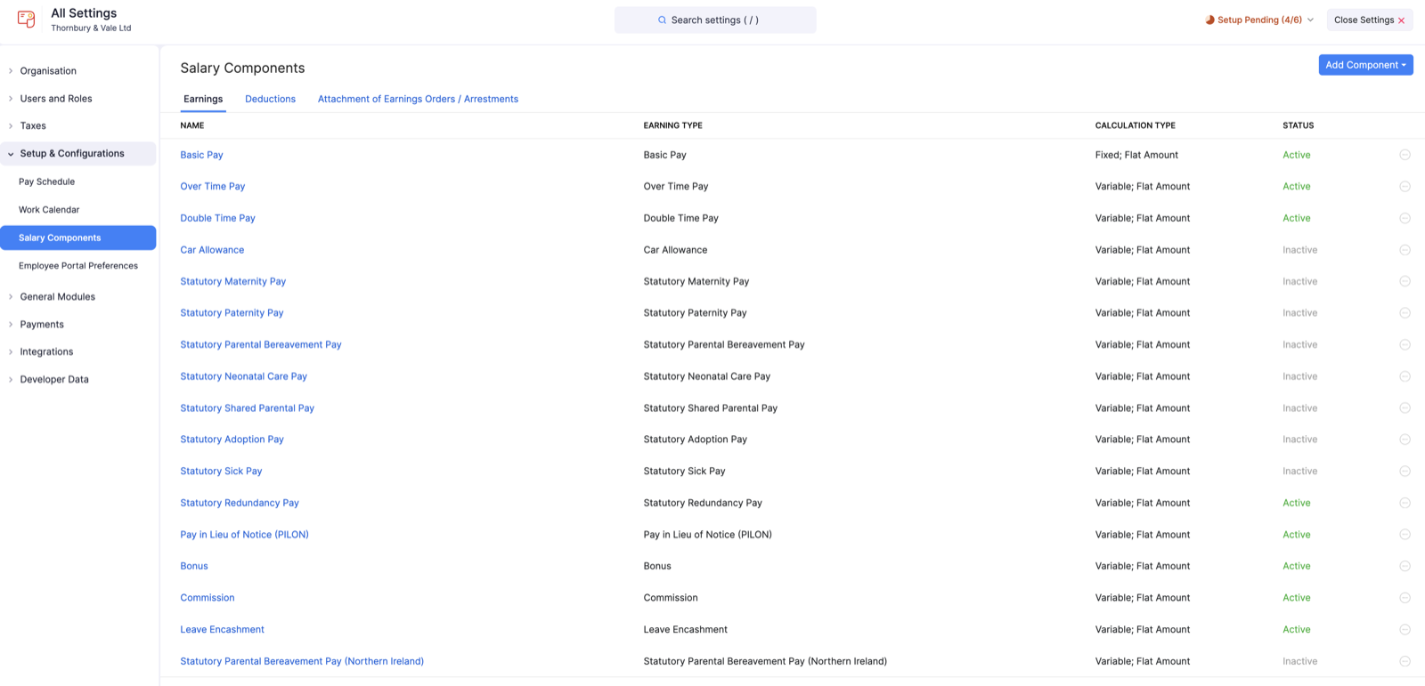 The Earnings tab on the Salary Components page