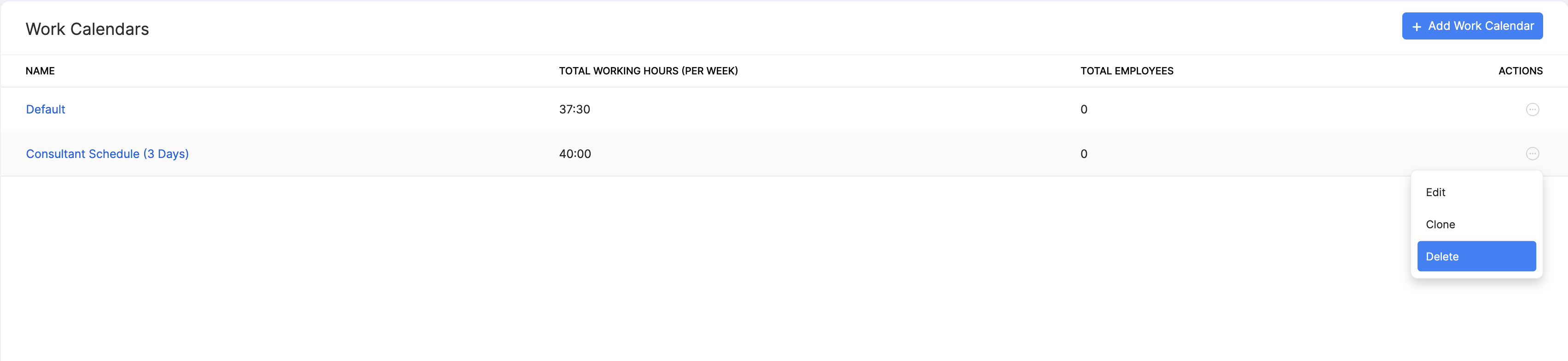 Delete a work calendar in Zoho Payroll