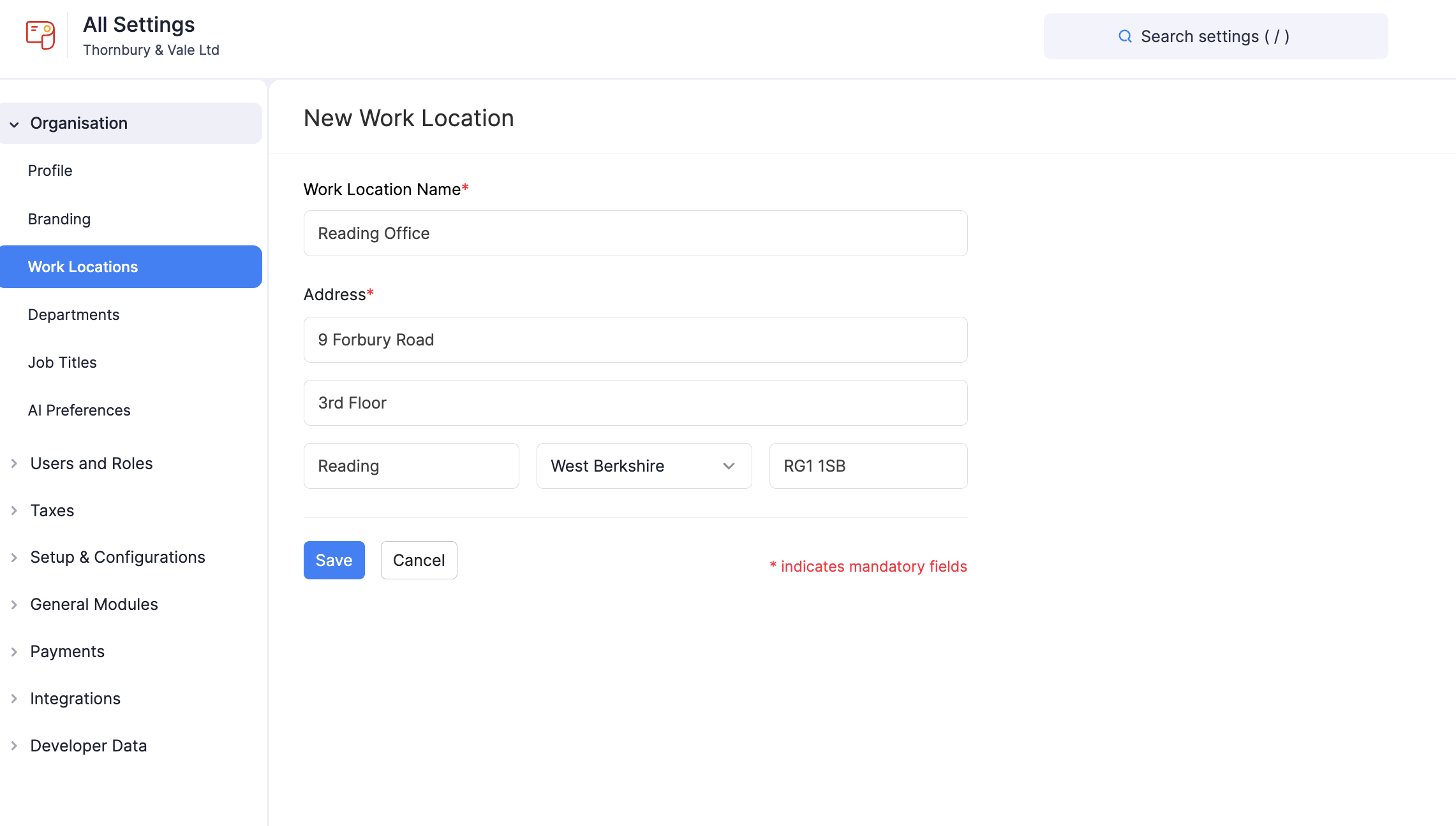 Add a new work location in Zoho Payroll