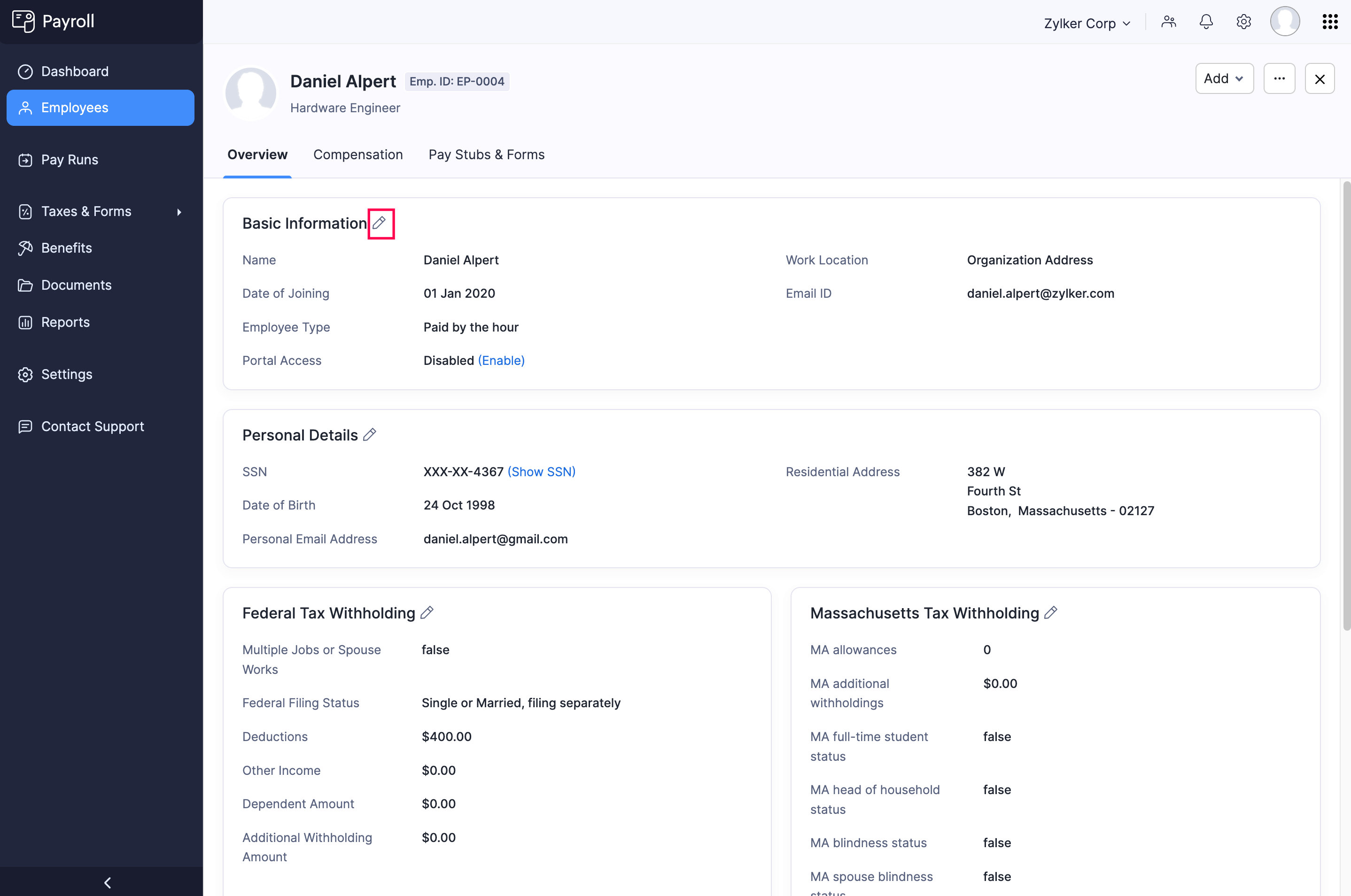 Click Edit Icon to Edit the Basic Details of an Employee