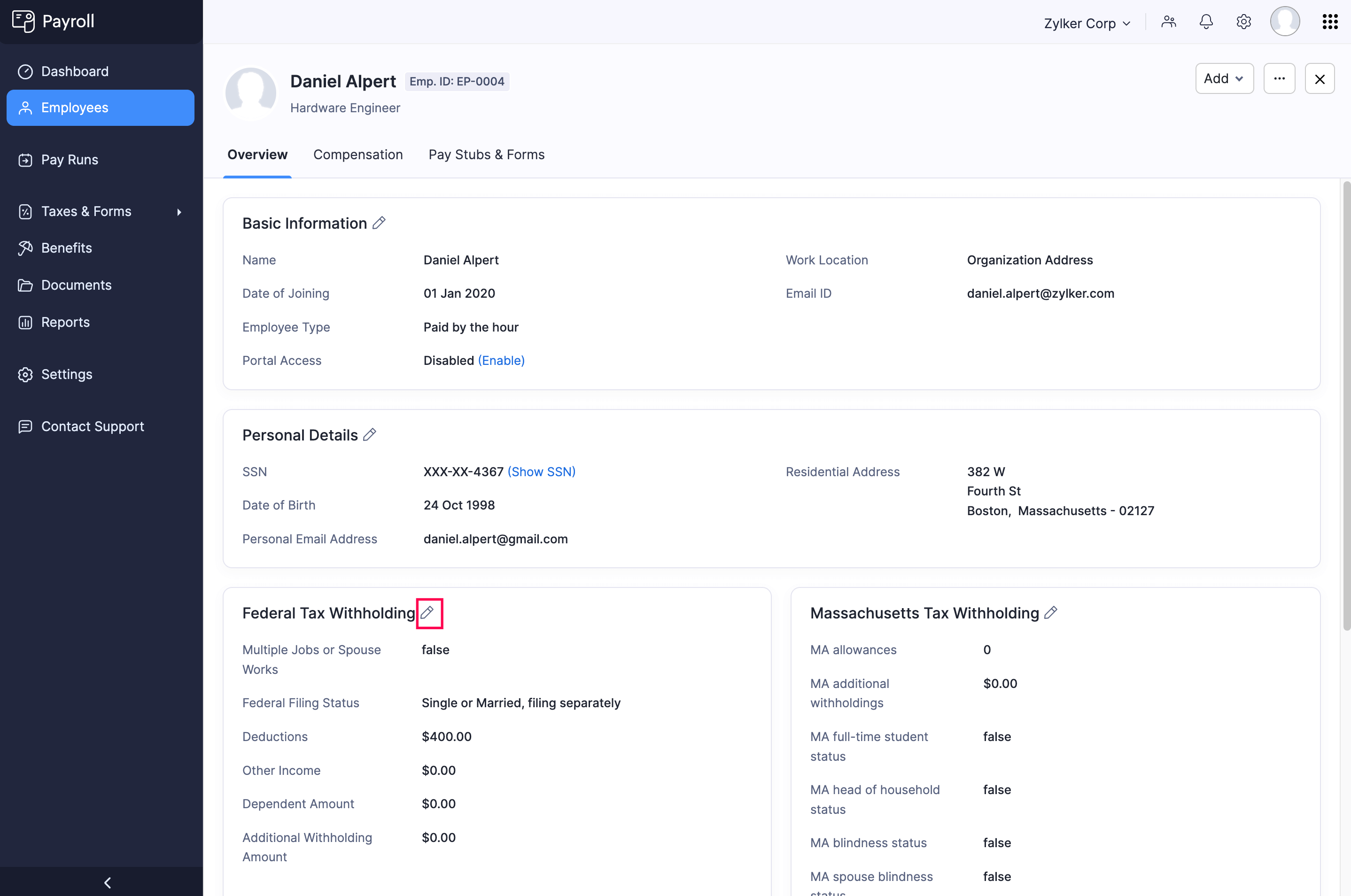 Click Edit Icon to Edit the Federal Details of an Employee