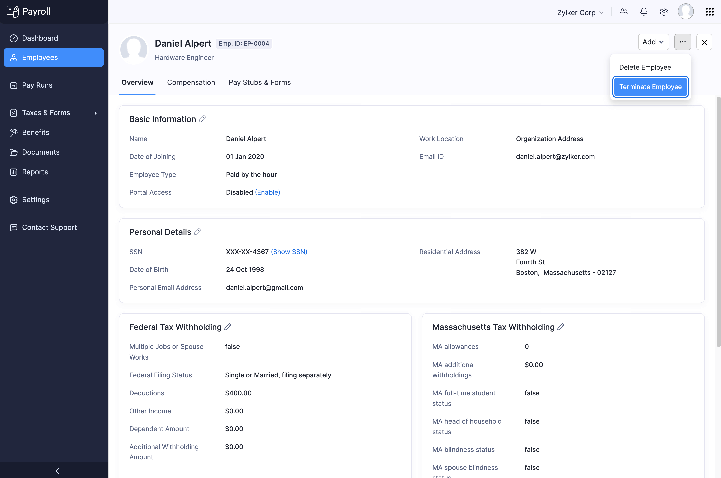 Terminate Employee Button
