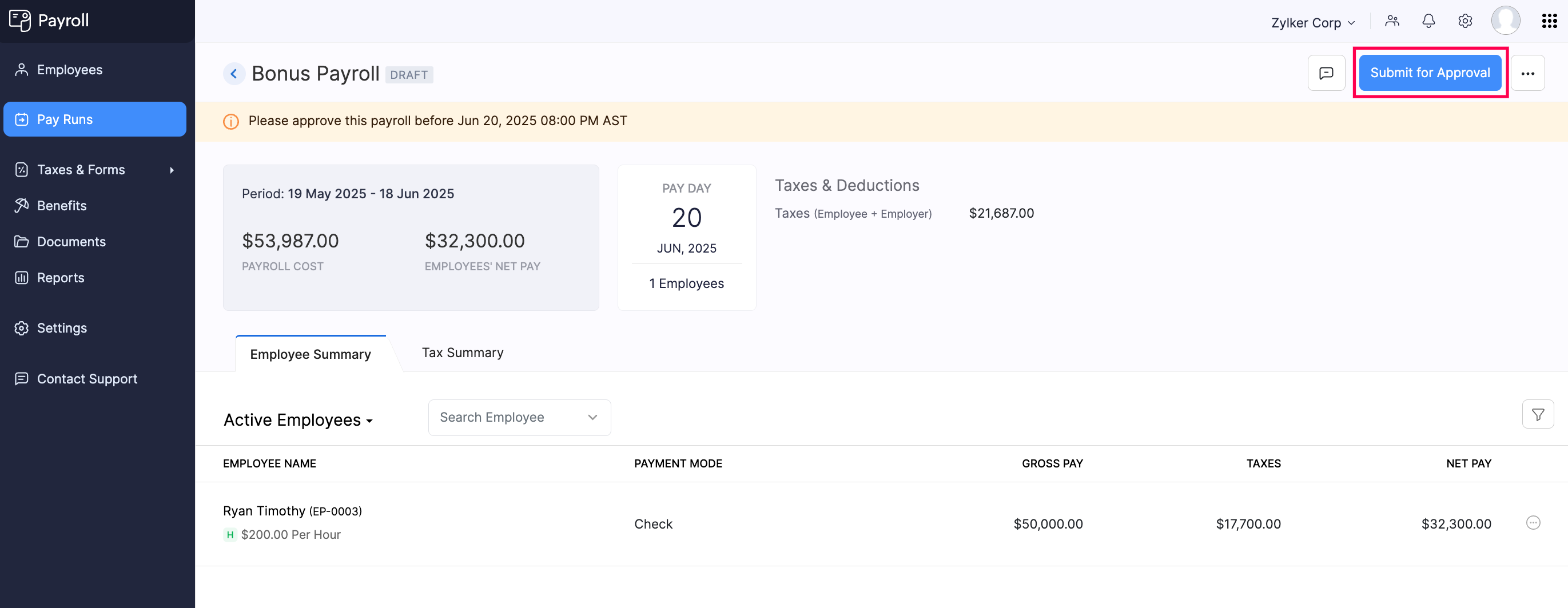 Submit Bonus Payroll for Approval