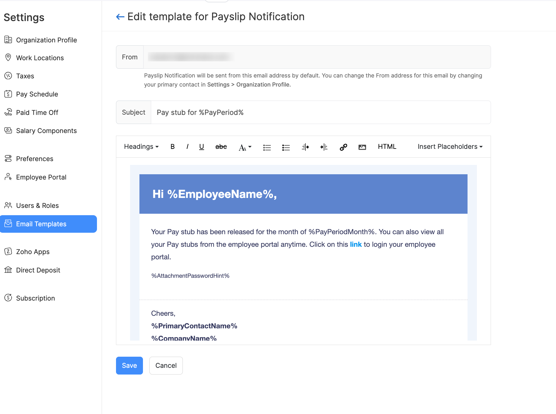 Edit Email Templates in Zoho Payroll