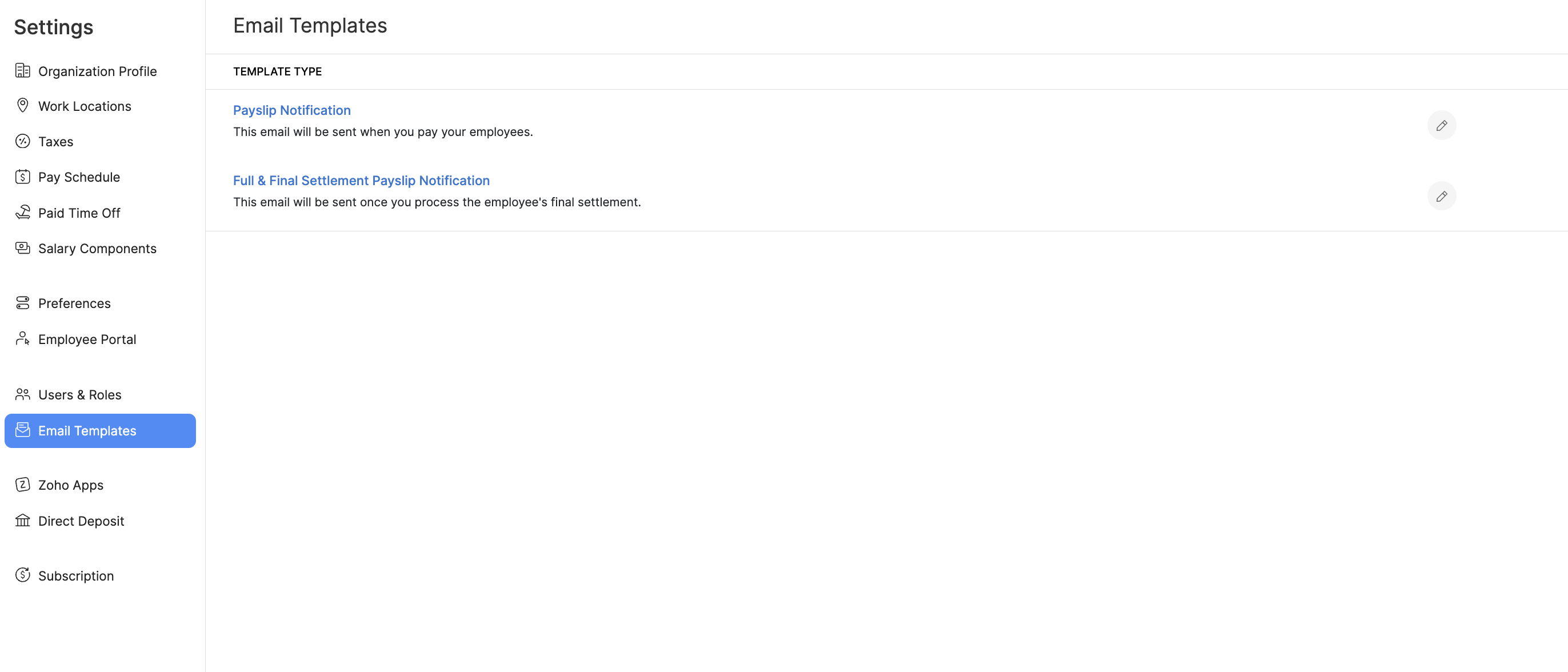 Navigate to Email Templates in Zoho Payroll