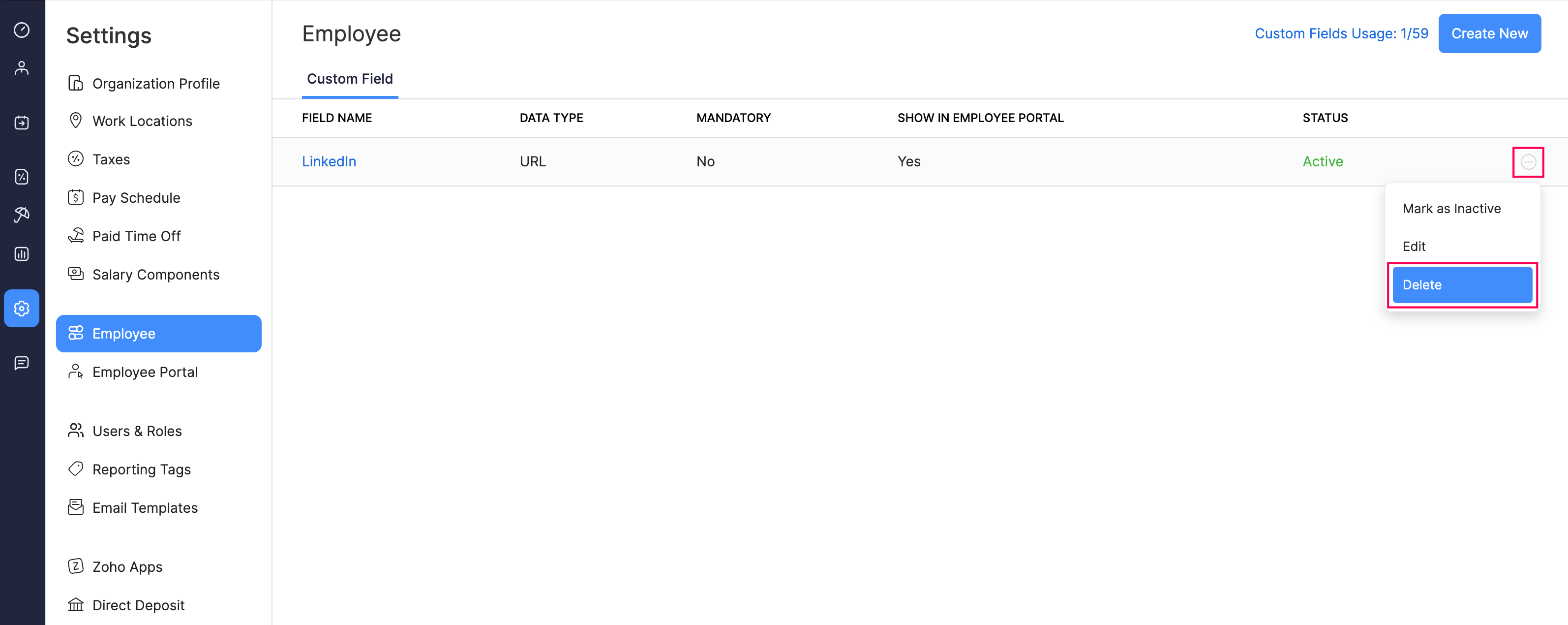 Delete a Custom Field in Zoho Payroll
