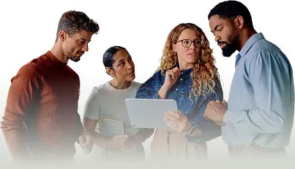 HR team smiling in the office with supportive AI technology
