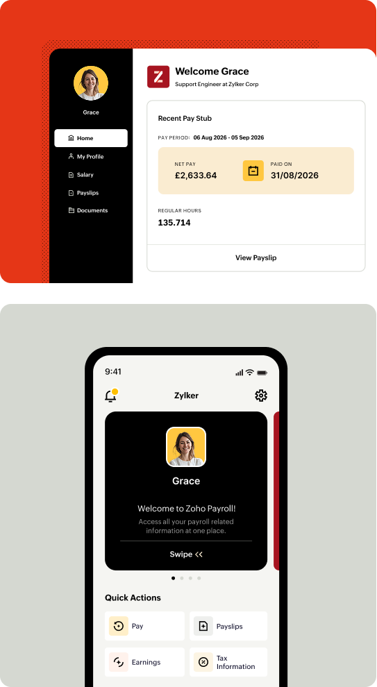Zoho Payroll UK employee self-service portal on web and mobile