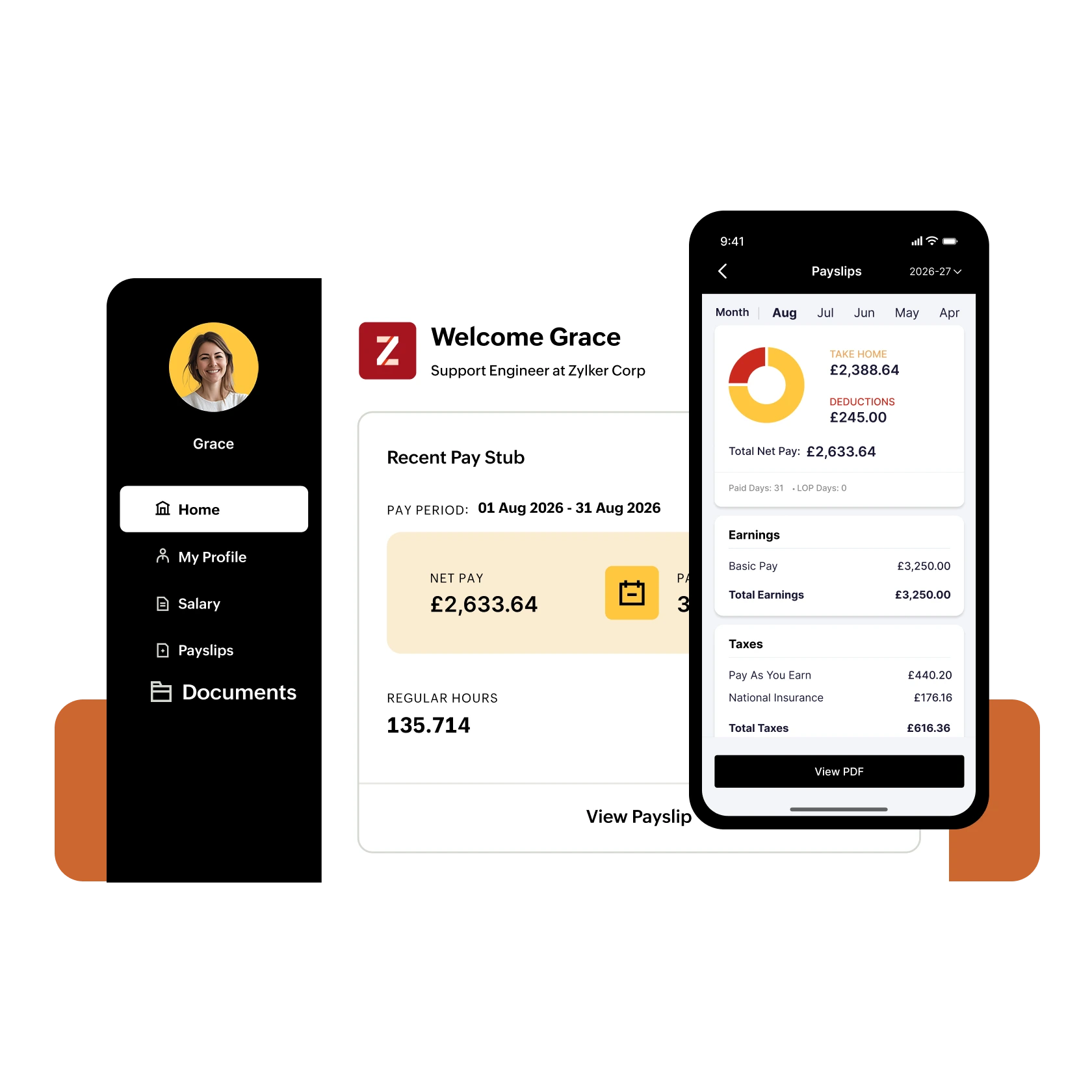Zoho Payroll UK employee self-service on web and mobile.