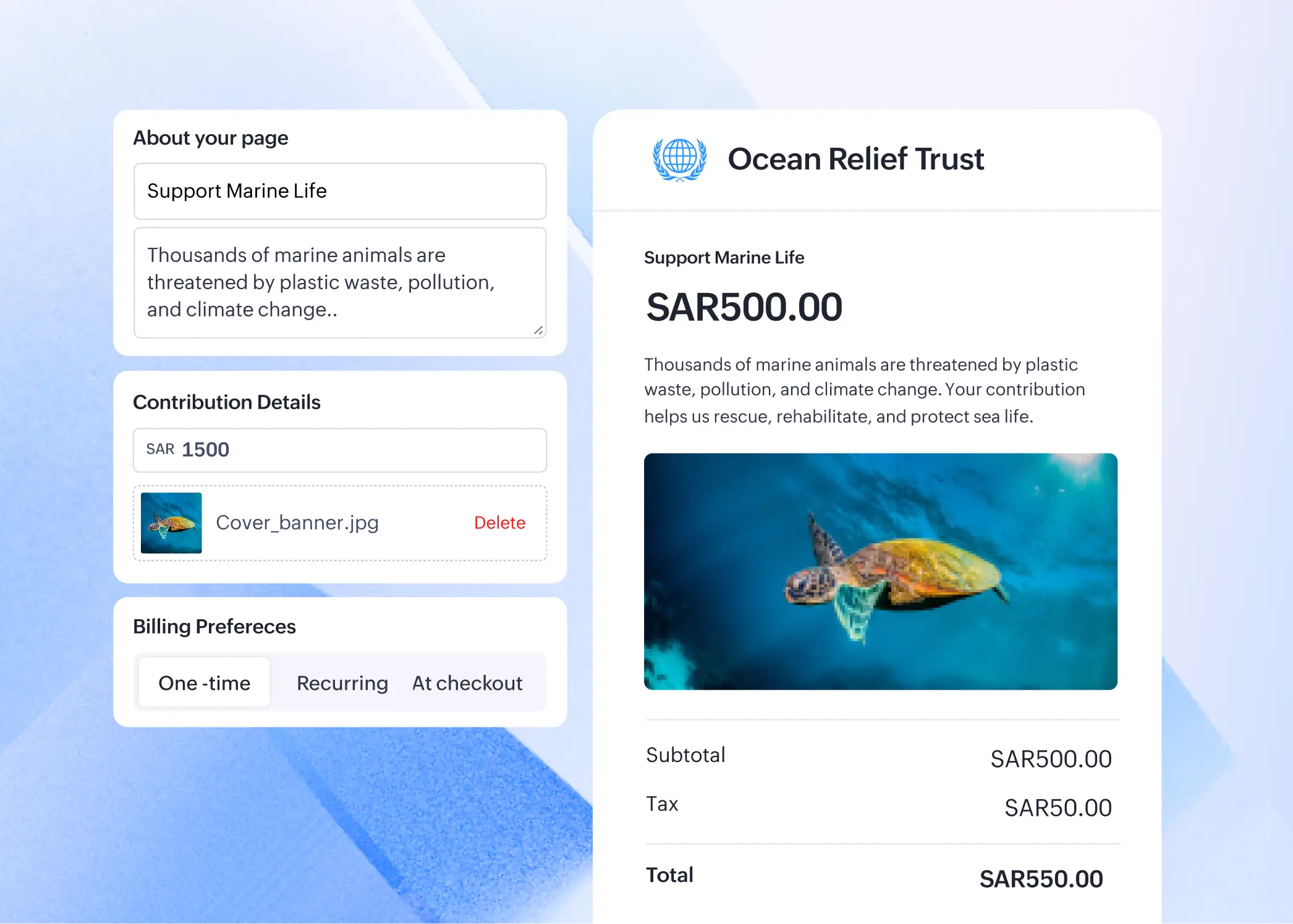 Checkout page builder showing page setup form and Ocean Relief Trust payment preview