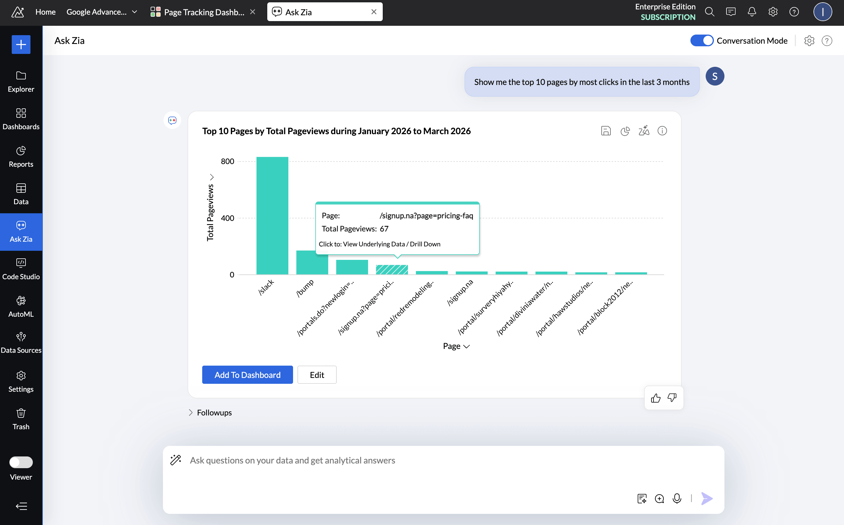 Ask Zia AI conversational analytics for marketing dashboards and natural language queries