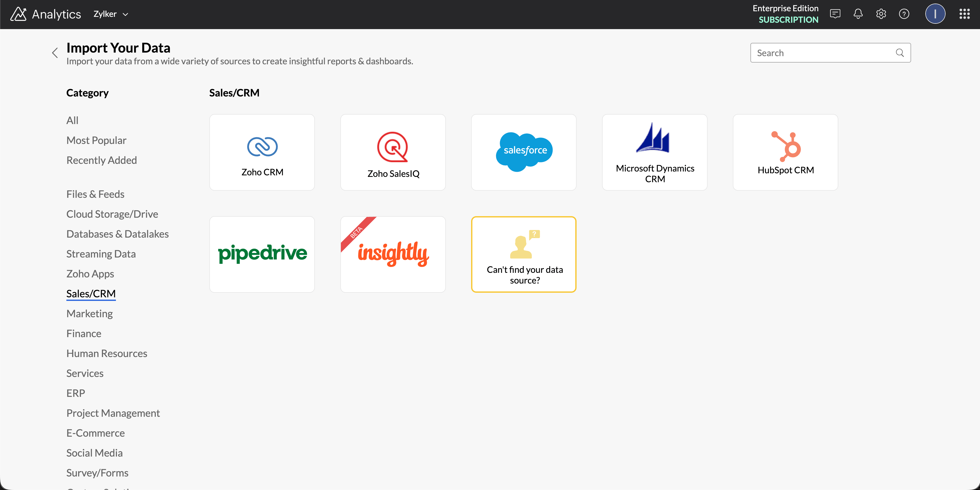 Sales data sources and integrations with Zoho CRM, Salesforce, HubSpot, and 100+ connectors
