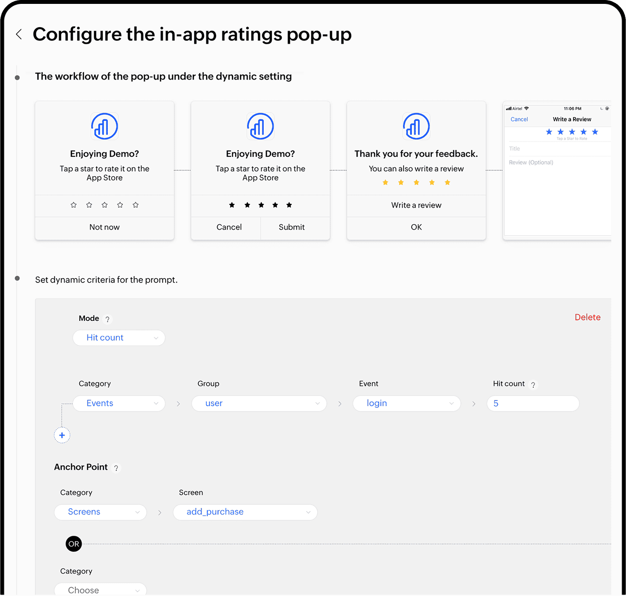 In-app ratings prompt configuration
