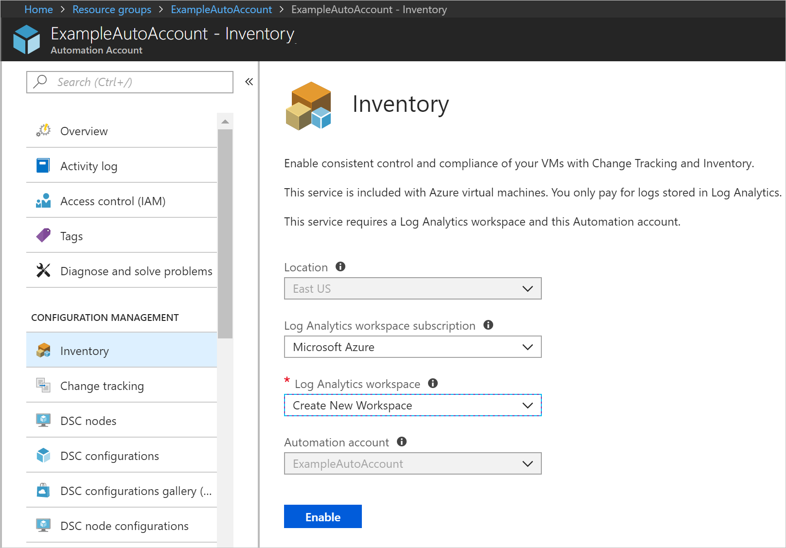 The Inventory under Configuration Management, in which you can select and enable the concerned Log Analytics Workspace, Log Analytics Workspace subscription, and Automation Account.