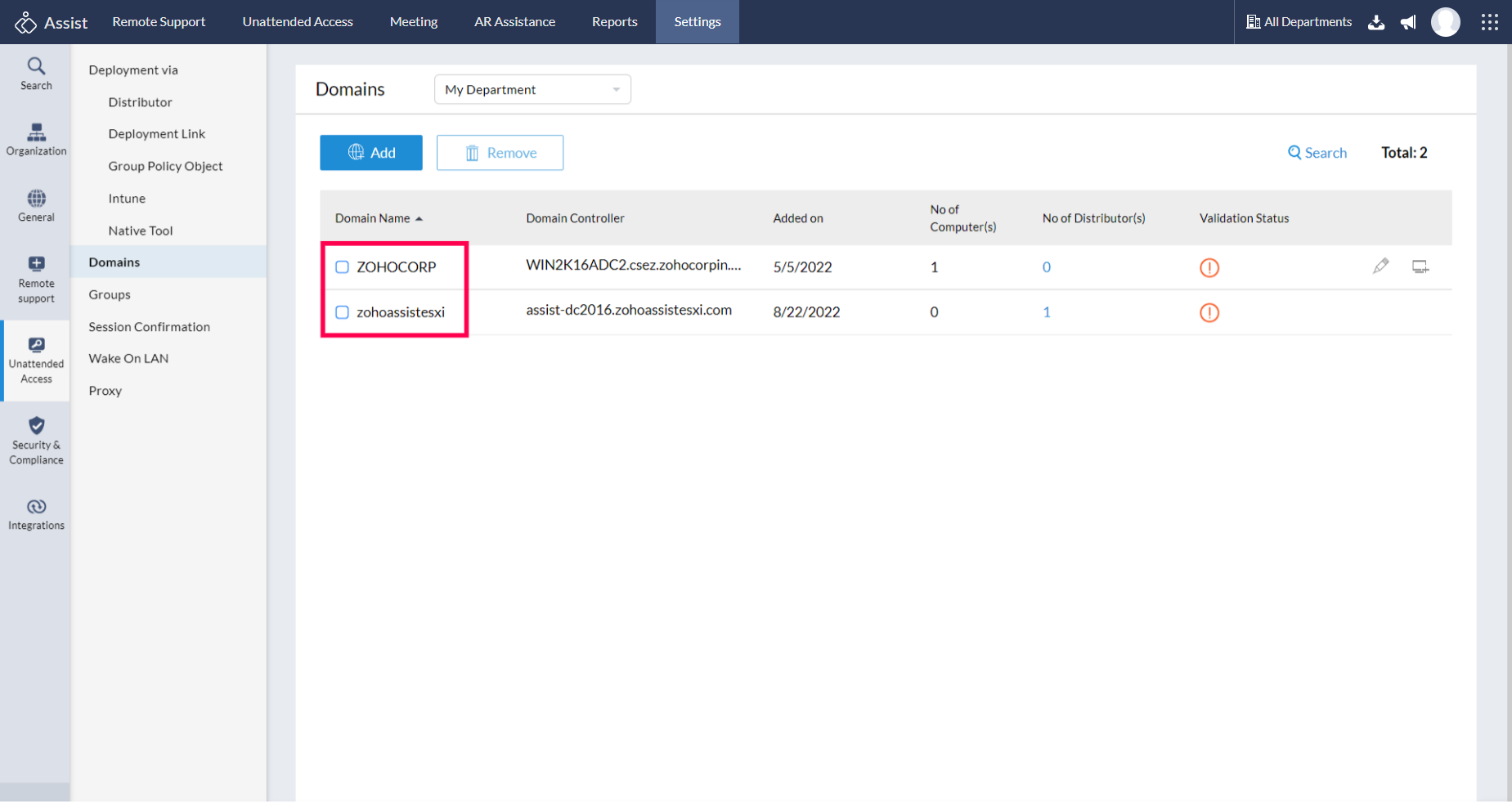 Select the domain which you want to configure for unattended access.