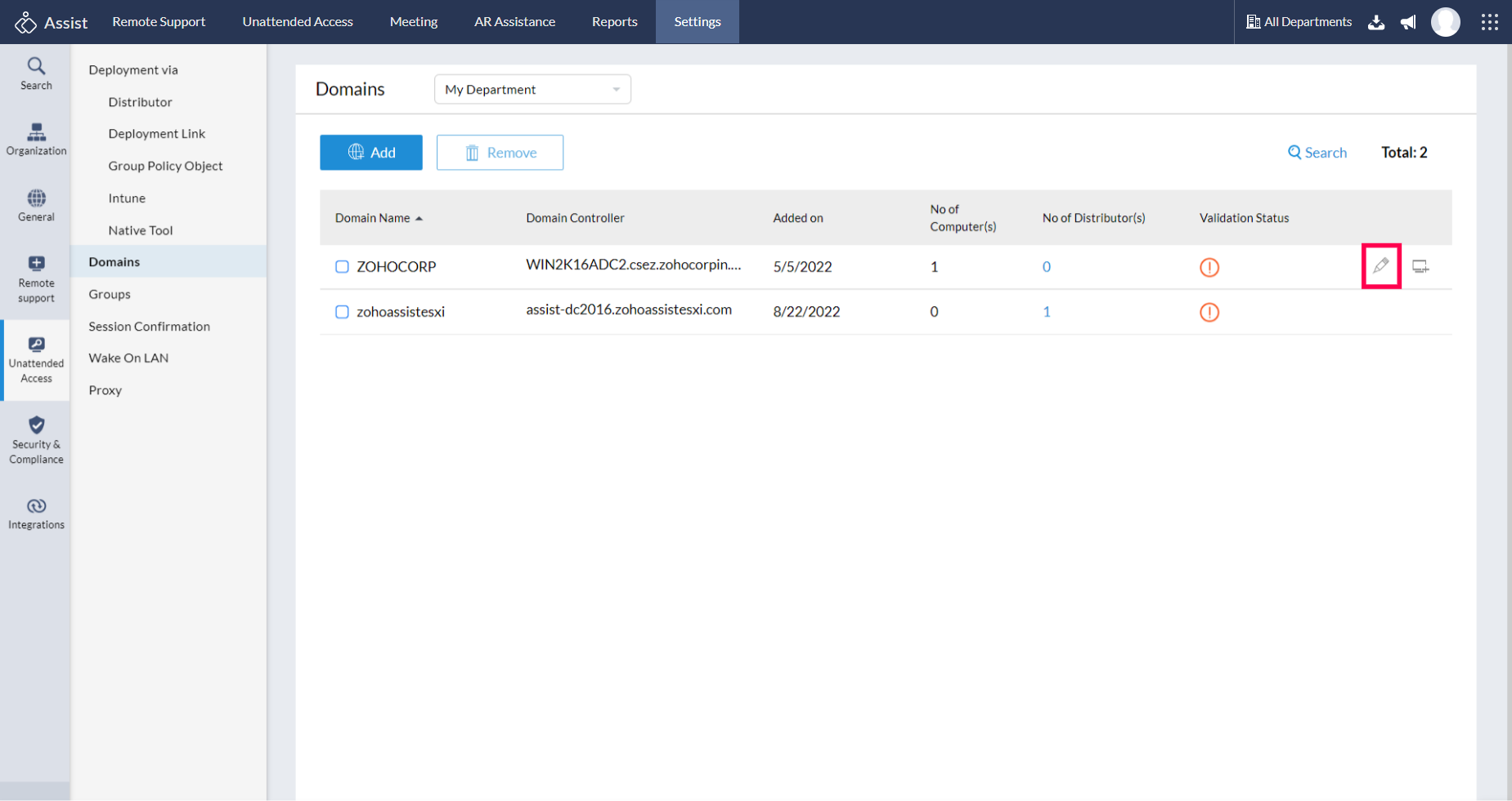 Click Edit icon to edit the domain details and then validate the domain.