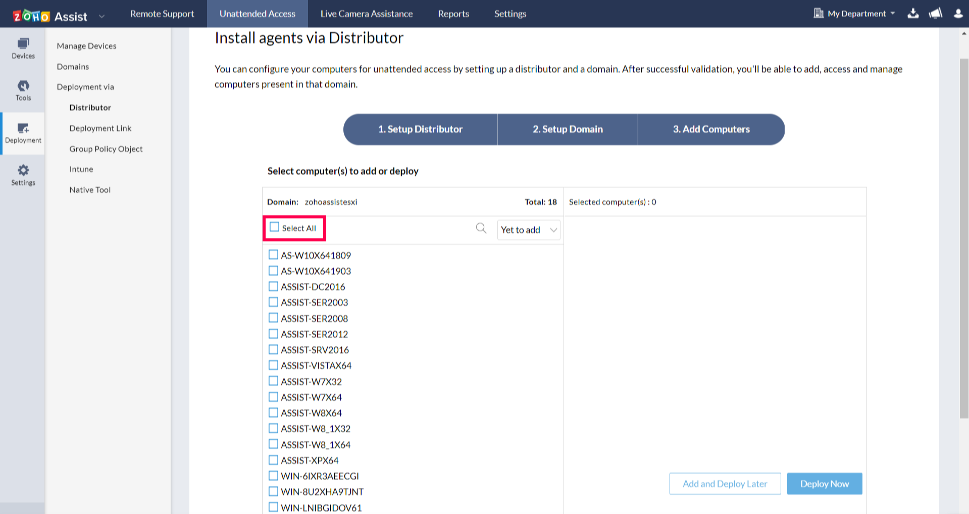 All the computers in the domain are displayed. Click select all to deploy the unattended access agent on all the remote computers.