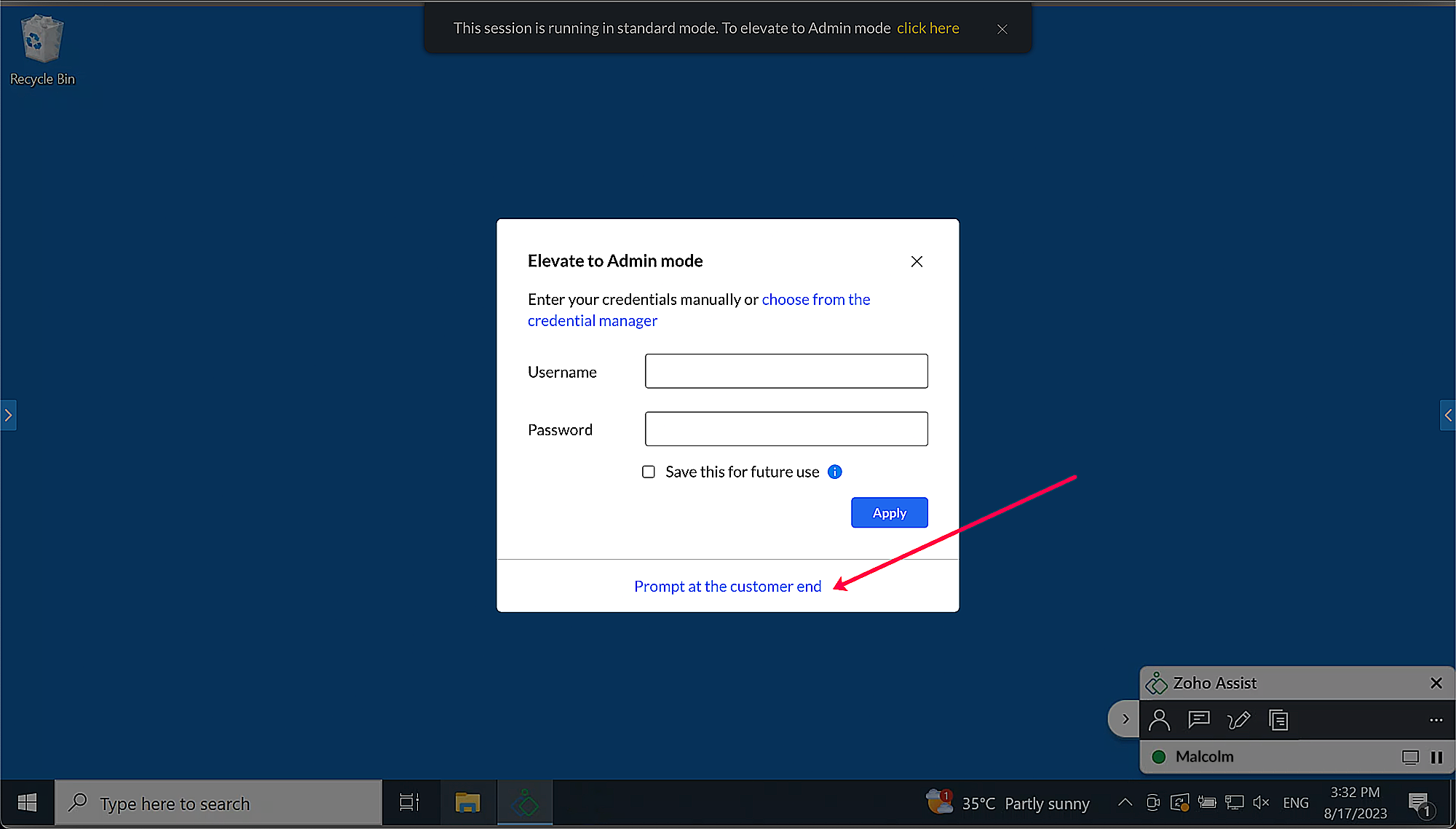 Smart card prompt option