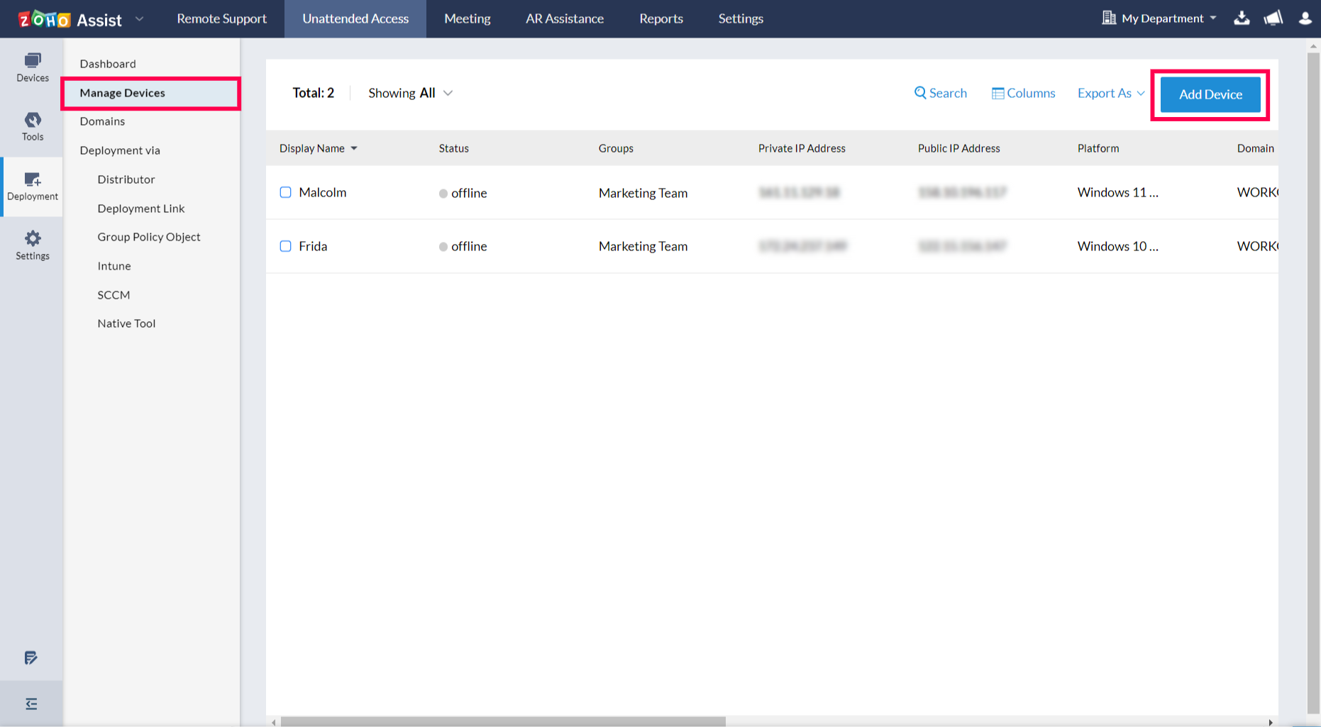 Navigate to Unattended Access, select Deployment, choose Manage Devices, and then click Add Device